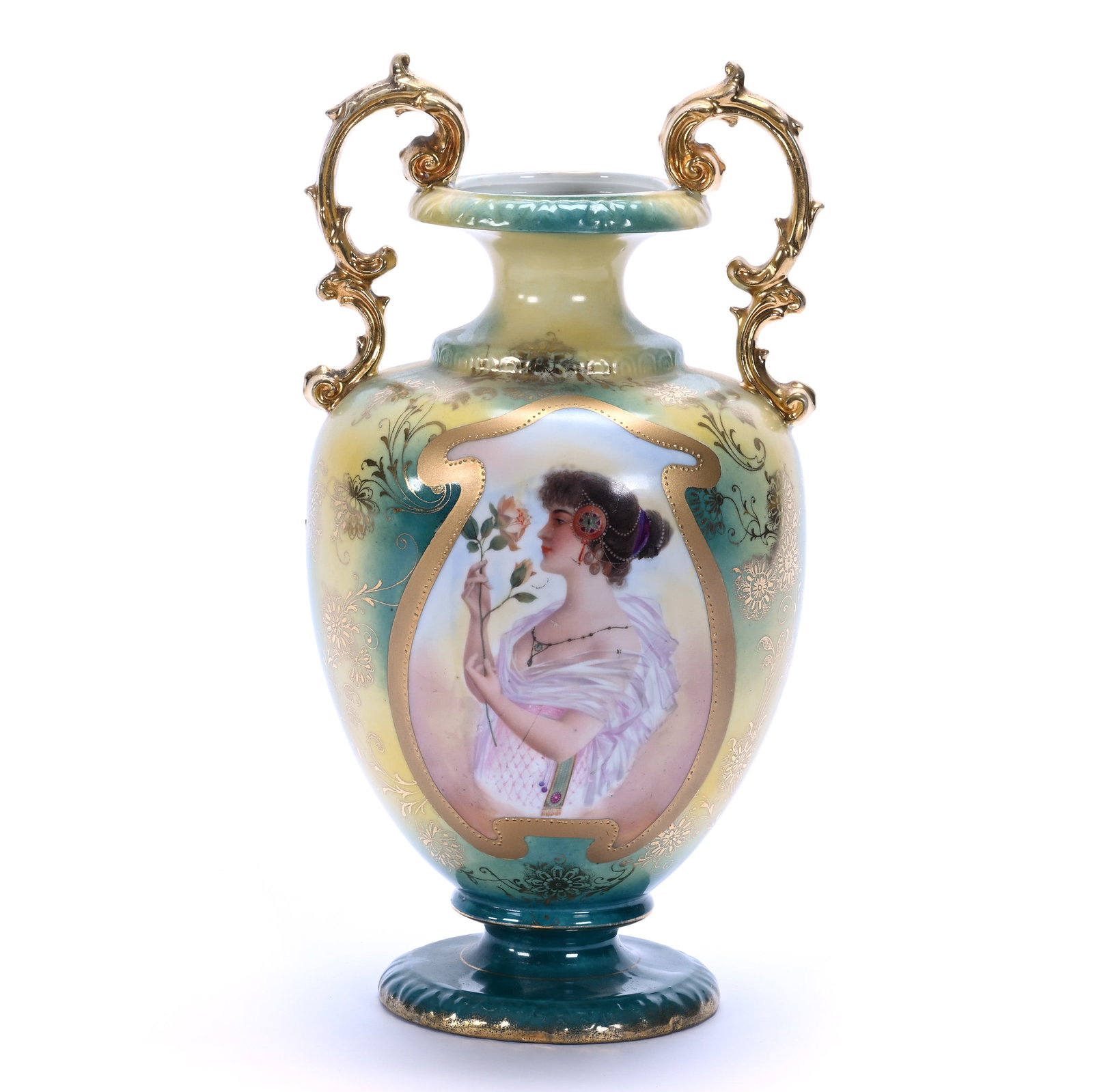 Pedestal Two Handled Vase, Marked E. S. Germany: Pedestal Two Handled Vase, Marked E. S. Germany, 11.5 x 6 x 5.5 Inches, Green And Yellow Tones With Woman Smelling Rose Decor, 2.3 Pounds. LiveAuctioneers Invoices Must Be Paid Using the PAY NOW / CHE