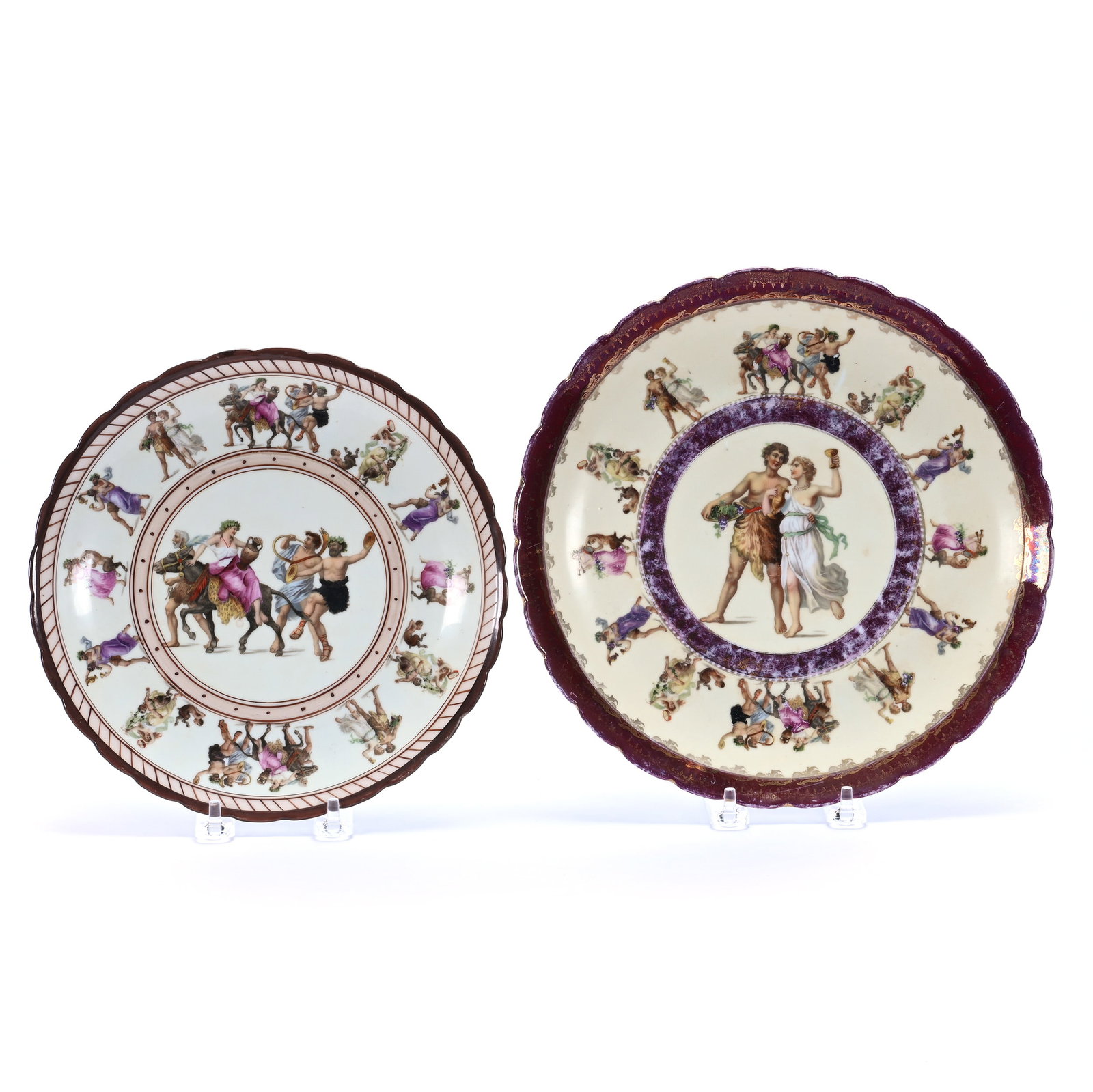 (2) Plates, Marked St Killian Germany: (2) Plates, Marked St Killian Germany, 10.5 x 10.5 x 1.25 Inches, Cream Background With Maroon Border, Colorful Mythological Scenes, Smaller Plate 9" Diameter, 2.4 Pounds. LiveAuctioneers Invoices