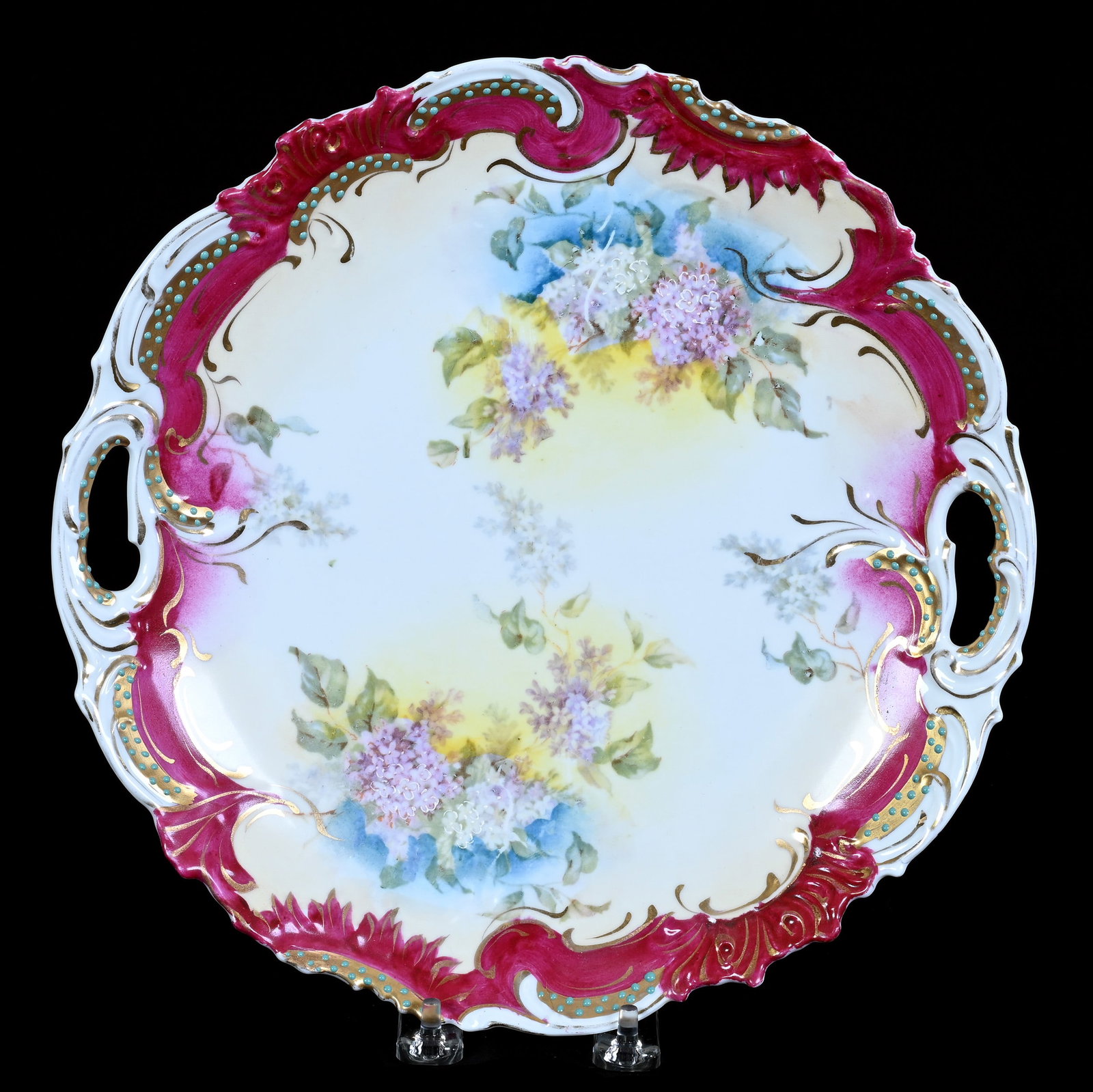 Two Handled Cake Plate: Two Handled Cake Plate, 11 x 11 x 1.25 Inches, Blue, Yellow, And White With Red And Gold Border, Blue Enamel Beaded Tapestry Highlights, Floral Decor, 1.3 Pounds. LiveAuctioneers Invoices Must Be