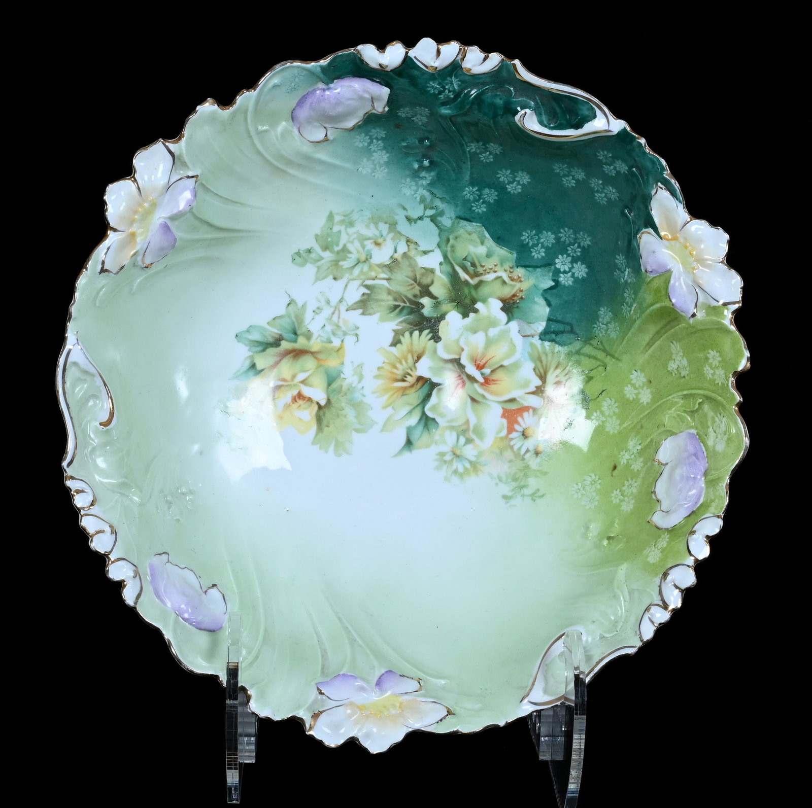 Bowl, Unmarked R.S. Prussia: Bowl, Unmarked R.S. Prussia, 10.5 x 10 x 3 Inches, Green And White Tones With Floral Decor, Lavender Highlights, Rim Chip, 1.1 Pounds. LiveAuctioneers Invoices Must Be Paid Using the PAY NOW / CHECK