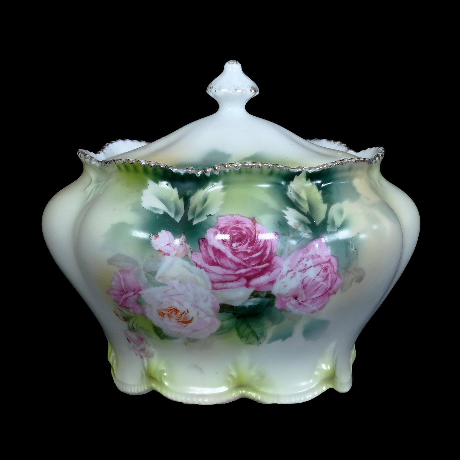 Biscuit Jar, Marked R.S. Prussia: Biscuit Jar, Marked R.S. Prussia, 5.75 x 6.5 x 6.5 Inches, Green, Cream, And White Tones With Pink Rose Decor, 1.1 Pounds. LiveAuctioneers Invoices Must Be Paid Using the PAY NOW / CHECK OUT Button