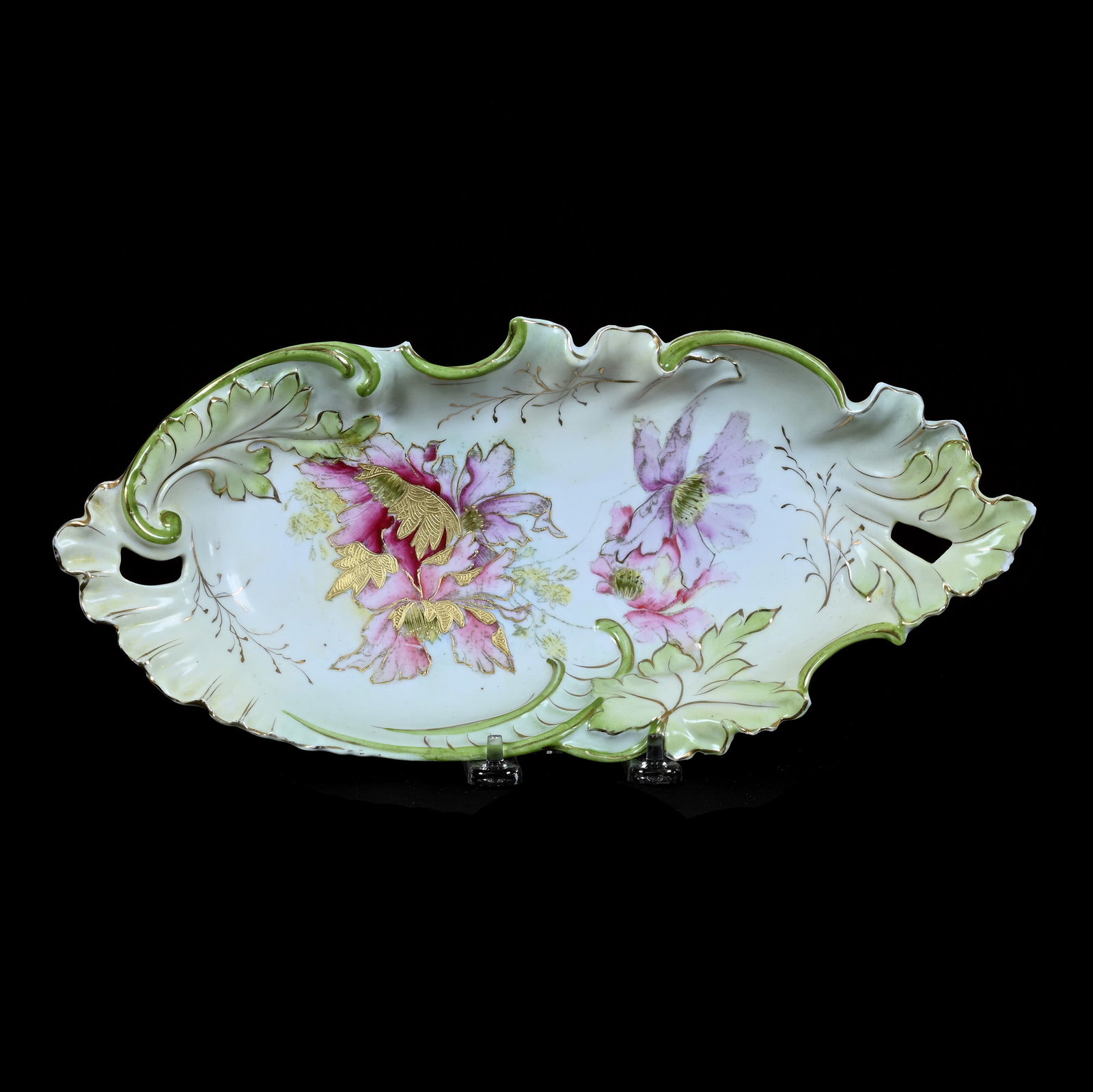 Celery Tray, Unmarked R.S. Prussia: Celery Tray, Unmarked R.S. Prussia, 13.5 x 6.25 x 1.75 Inches, Green And Yellow Tones With Floral Decor, Gold Highlights, Edge Chips, 0.8 Pounds. LiveAuctioneers Invoices Must Be Paid Using the PAY