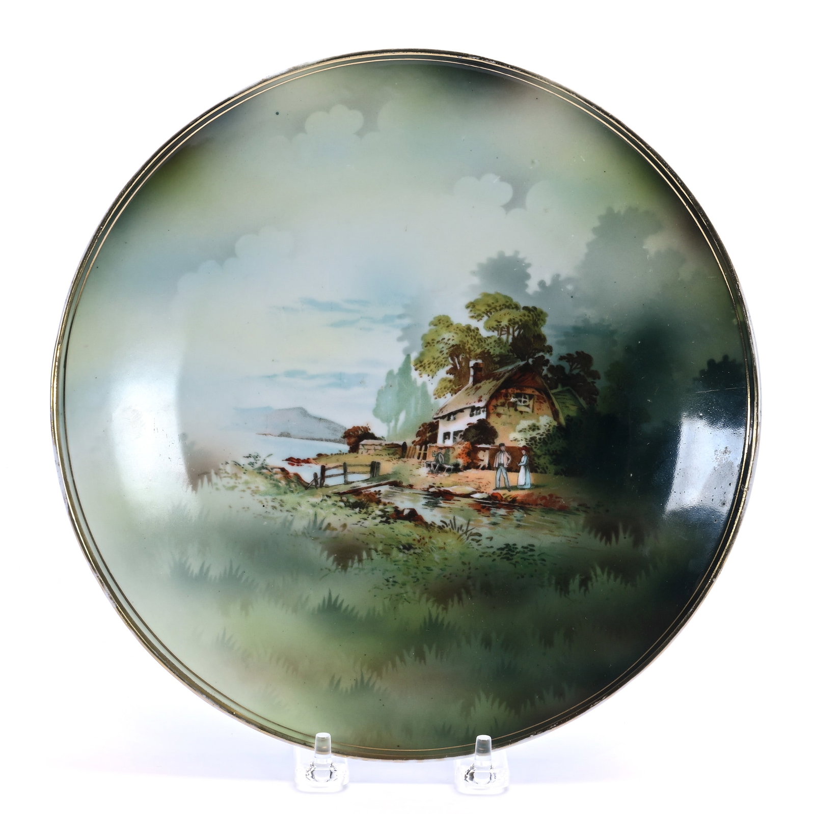 Plate, Marked R.S. Prussia: Plate, Marked R.S. Prussia, 9.75 x 9.75 x 1.25 Inches, Green Tones With Old Cottage By Lake Scenic Decor, 1.2 Pounds. LiveAuctioneers Invoices Must Be Paid Using the PAY NOW / CHECK OUT Button Which I