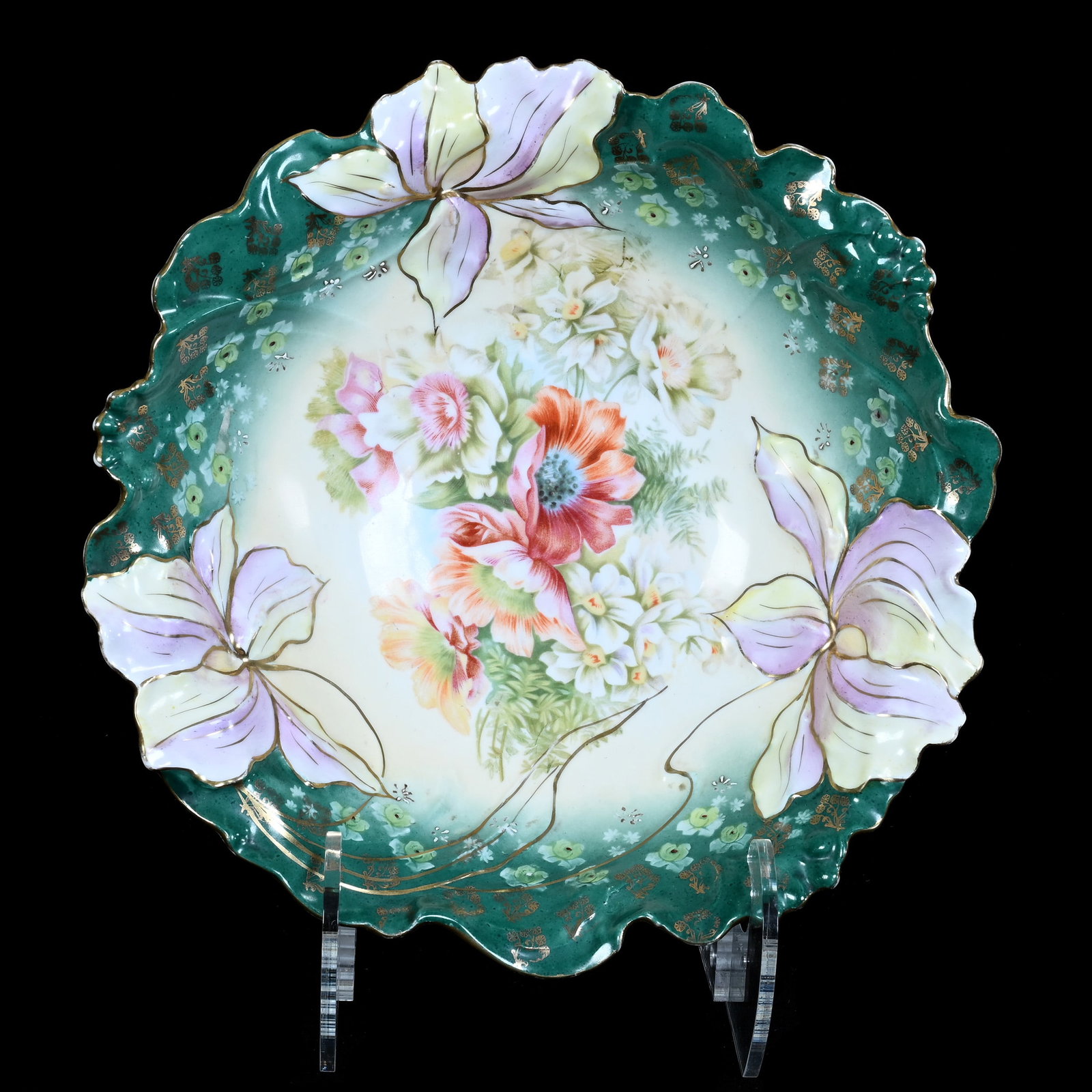 Bowl, Unmarked R.S. Prussia, Iris Variation Mold: Bowl, Unmarked R.S. Prussia, Iris Variation Mold, 10.5 x 10.5 x 2.75 Inches, Cream And Green Tones With Wild Floral Decor, Lavender And Yellow Highlights, 1.2 Pounds. LiveAuctioneers Invoices Must Be 