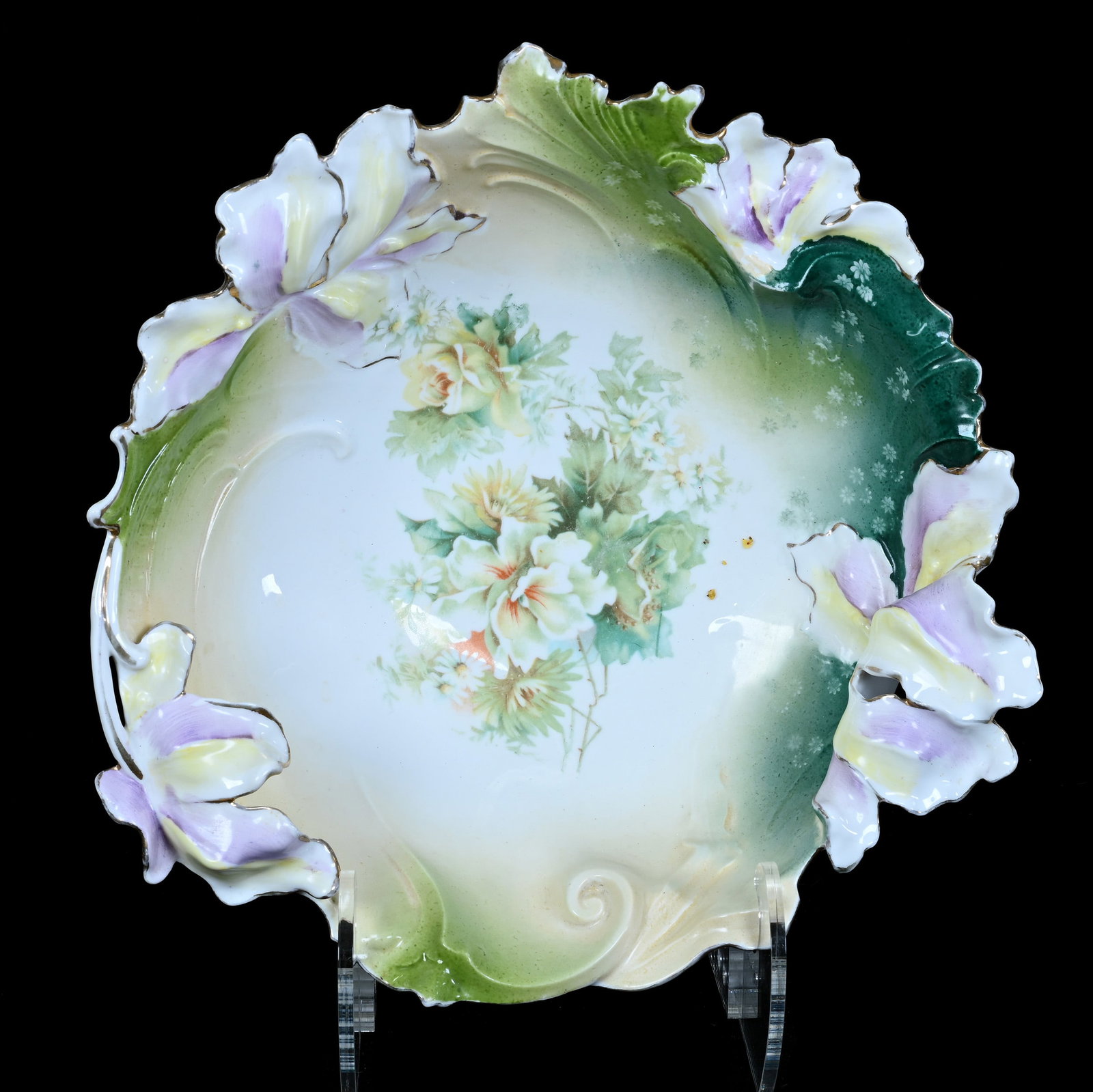 Three Dimensional Mold Bowl, Unmarked R.S. Prussia: Three Dimensional Mold Bowl, Unmarked R.S. Prussia, 11 x 11 x 3.75 Inches, Green, Cream, And White Tones With Floral Decor, Lavender And Yellow Highlights, 1.8 Pounds. LiveAuctioneers Invoices Must Be