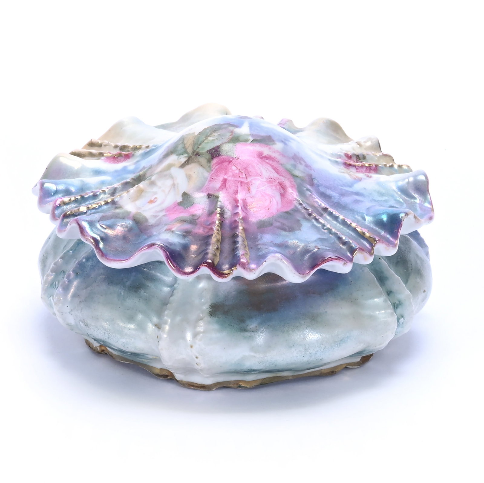 Covered Box, Marked R.S. Prussia, Cabbage Mold: Covered Box, Marked R.S. Prussia, Cabbage Mold, 2.75 x 5 x 5 Inches, Blue, Green, Cream, And White Satin Finish With Pink And White Rose Decor, Some Tiffany Finish Highlights, Base Repair, 0.6 Pounds.