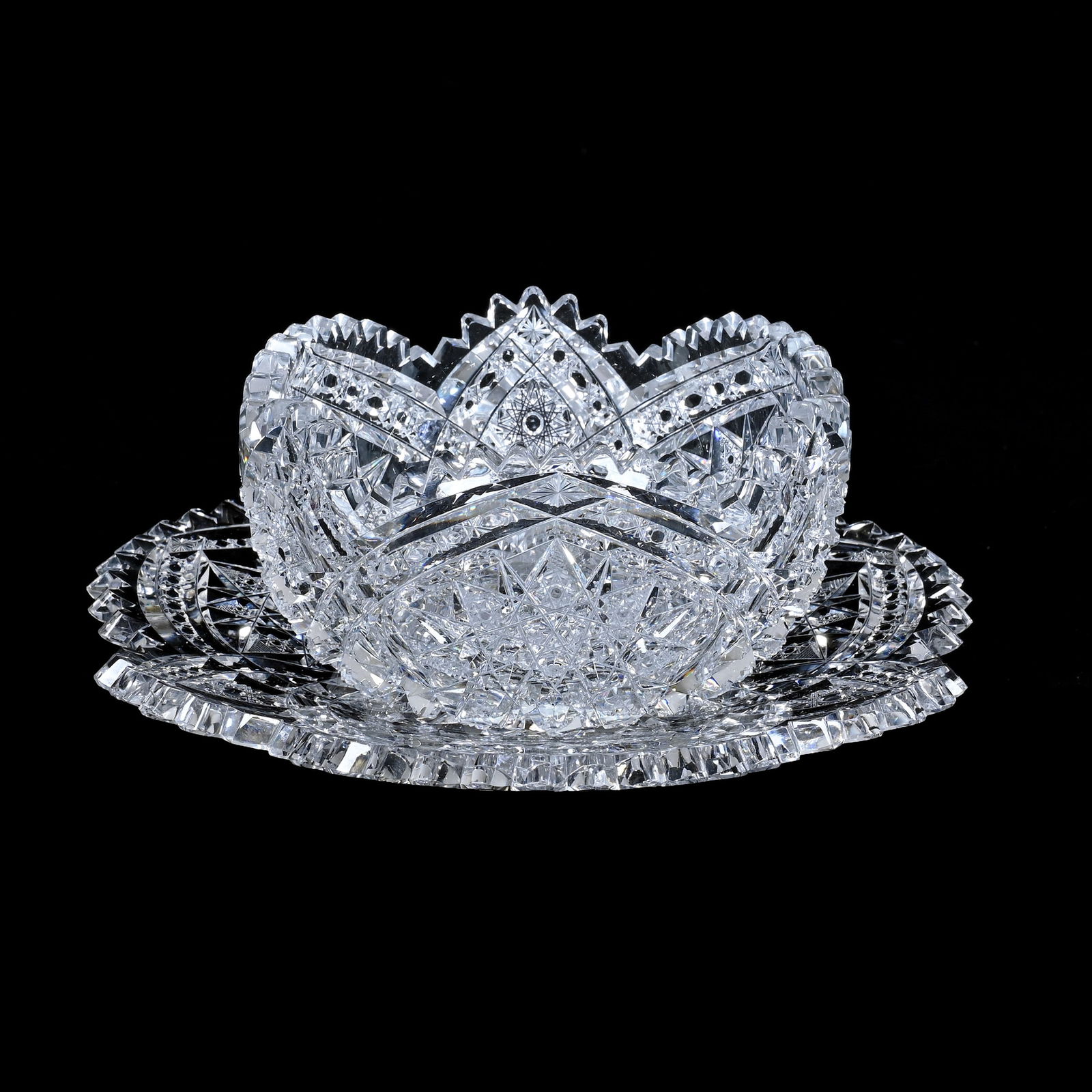 Finger Bowl & Underplate, American Brilliant Cut Glass, Signed Libbey Snow Crystal Pattern: Finger Bowl & Underplate, American Brilliant Cut Glass, Signed Libbey Snow Crystal Pattern, 3 x 7.5 x 7.5 Inches, Designed By W.C. Anderson, Extremely Rare, Exceptional Quality, Outside Rim Nick On Bo