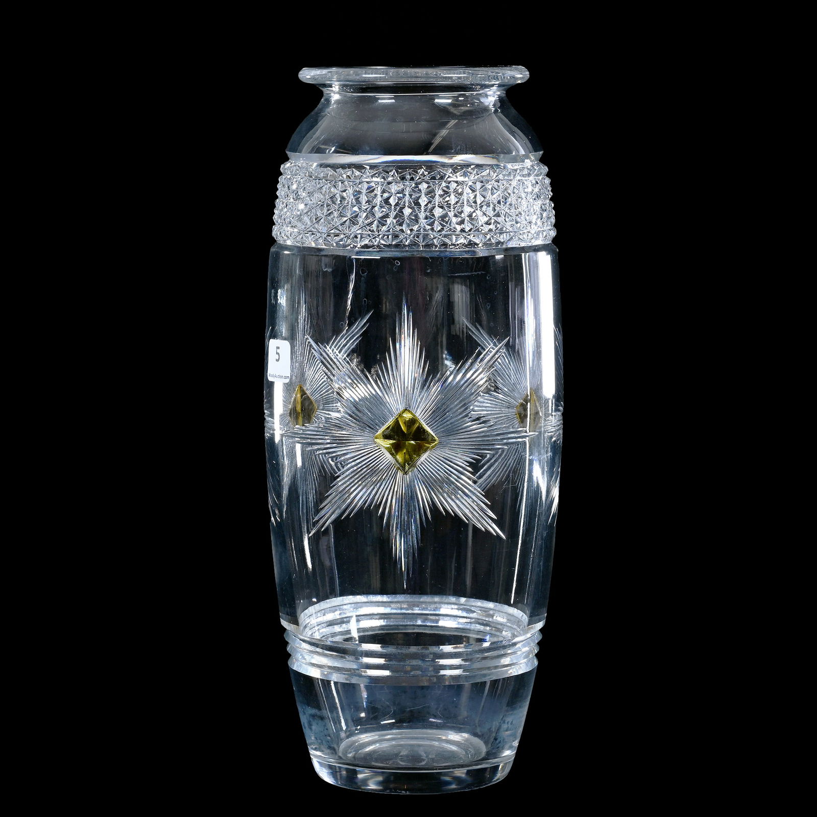 Vase, ABCG, Signed Hawkes, Kohinoor Band With Three Large Stars Featuring Yellow Diamond Centers: Vase, American Brilliant Cut Glass, Signed Hawkes, Kohinoor Band With Three Large Stars Featuring Yellow Diamond Centers, 12 x 5 x 5 Inches, 6 Pounds, Richard Lockey Collection, Florida.
