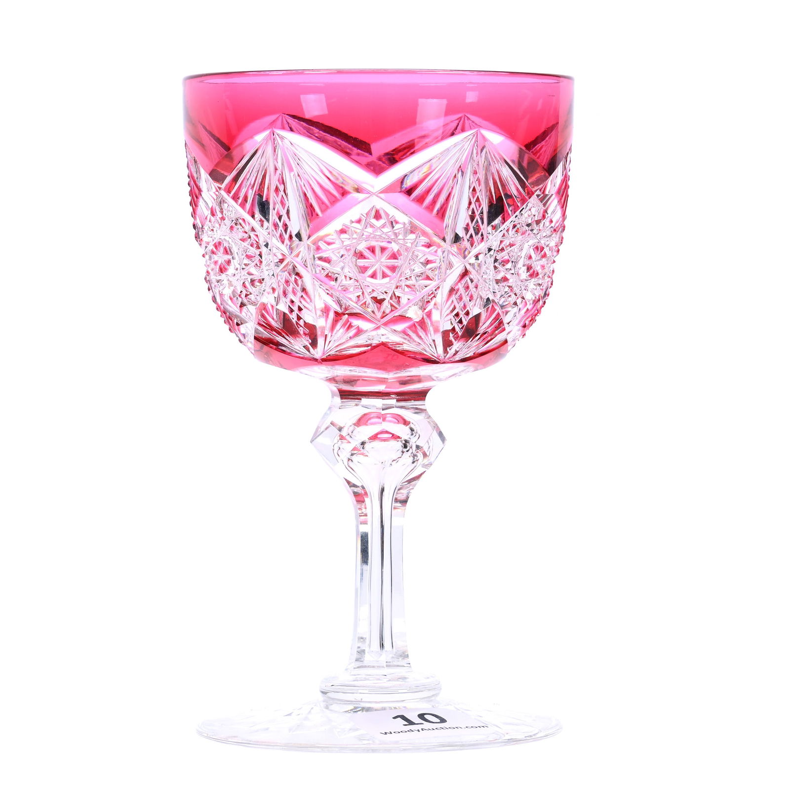 Wine Stem, American Brilliant Cut Glass, Cranberry Cut To Clear Pattern #293 By Dorflinger: Wine Stem, American Brilliant Cut Glass, Cranberry Cut To Clear Pattern #293 By Dorflinger, 4.5 x 2.75 x 2.75 Inches, Hobstar Foot, 1 Pounds, Private Collection.