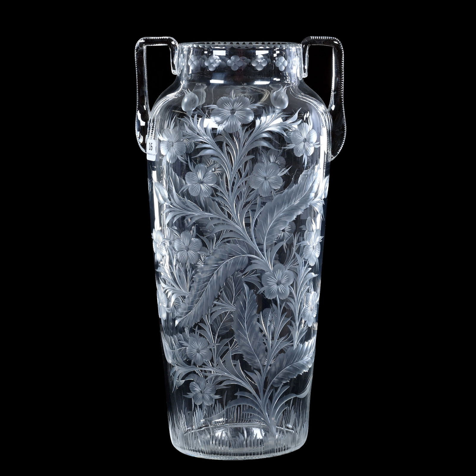 Two Handled Vase, American Brilliant Cut Glass, Signed Tuthill: Two Handled Vase, American Brilliant Cut Glass, Signed Tuthill, 14 x 7 x 5.75 Inches, Engraved Primrose Pattern, Notched Handles, Polished Pontil Base, Extra Clear Blank, 5 Pounds, Richard Lockey Coll