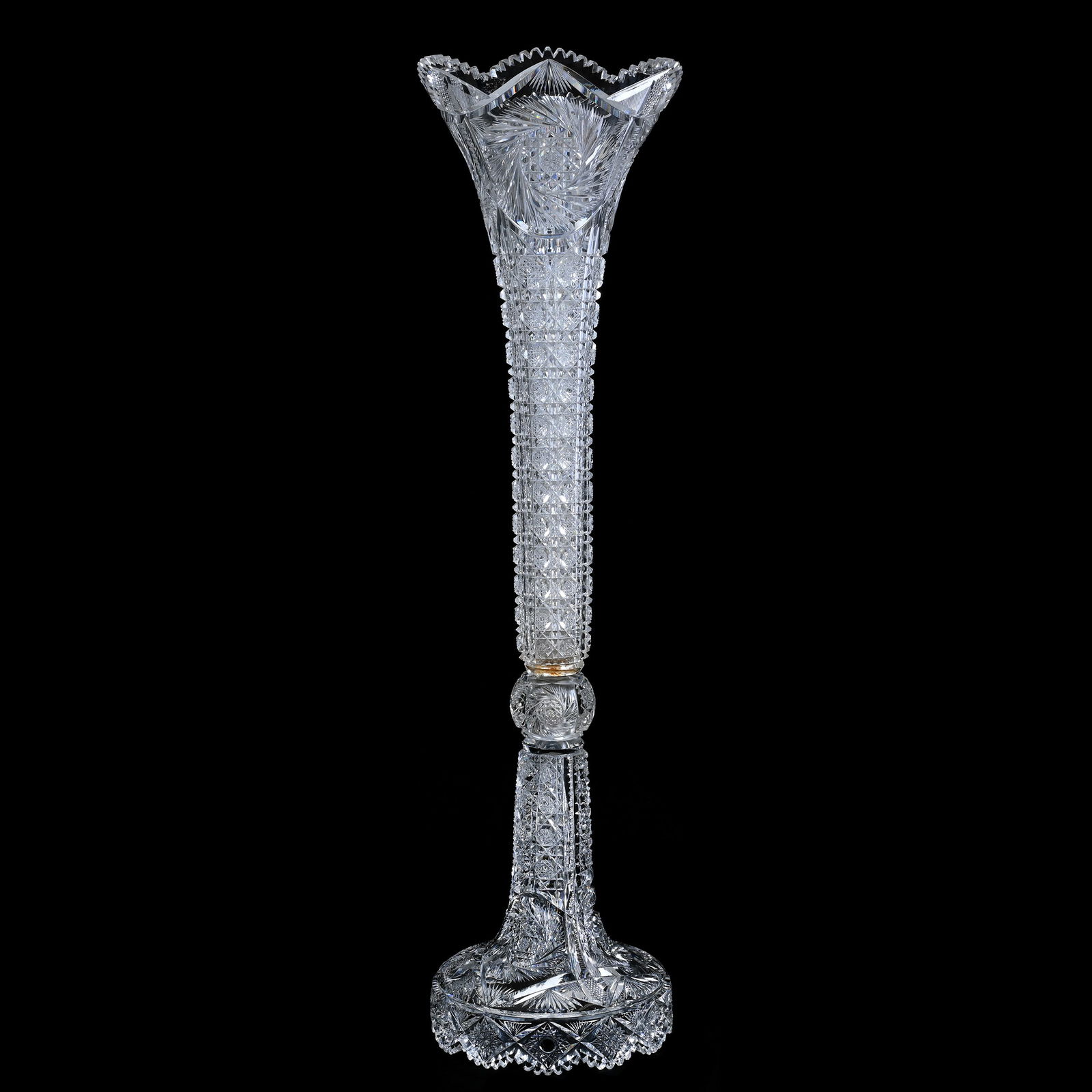 Three Part Floor Vase, American Brilliant Cut Glass, Empress Pattern By Quaker City: Three Part Floor Vase, American Brilliant Cut Glass, Empress Pattern By Quaker City, 36.5 x 10 x 10 Inches, Exceptional Quality And Cutting, Largest Size Made By Quaker City, This Piece Has Been Gener
