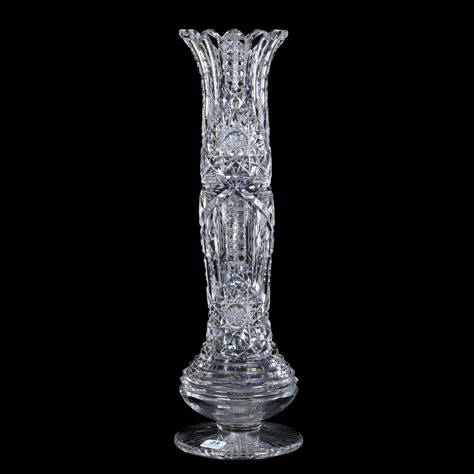 Pedestal Vase, American Brilliant Cut Glass, Signed Libbey, Ellsmere Variation: Pedestal Vase, American Brilliant Cut Glass, Signed Libbey, Ellsmere Variation, 16 x 5 x 5 Inches, Ray Cut Foot, Quality Blank, Very Unique, 5 Pounds, Richard Lockey Collection, Florida.