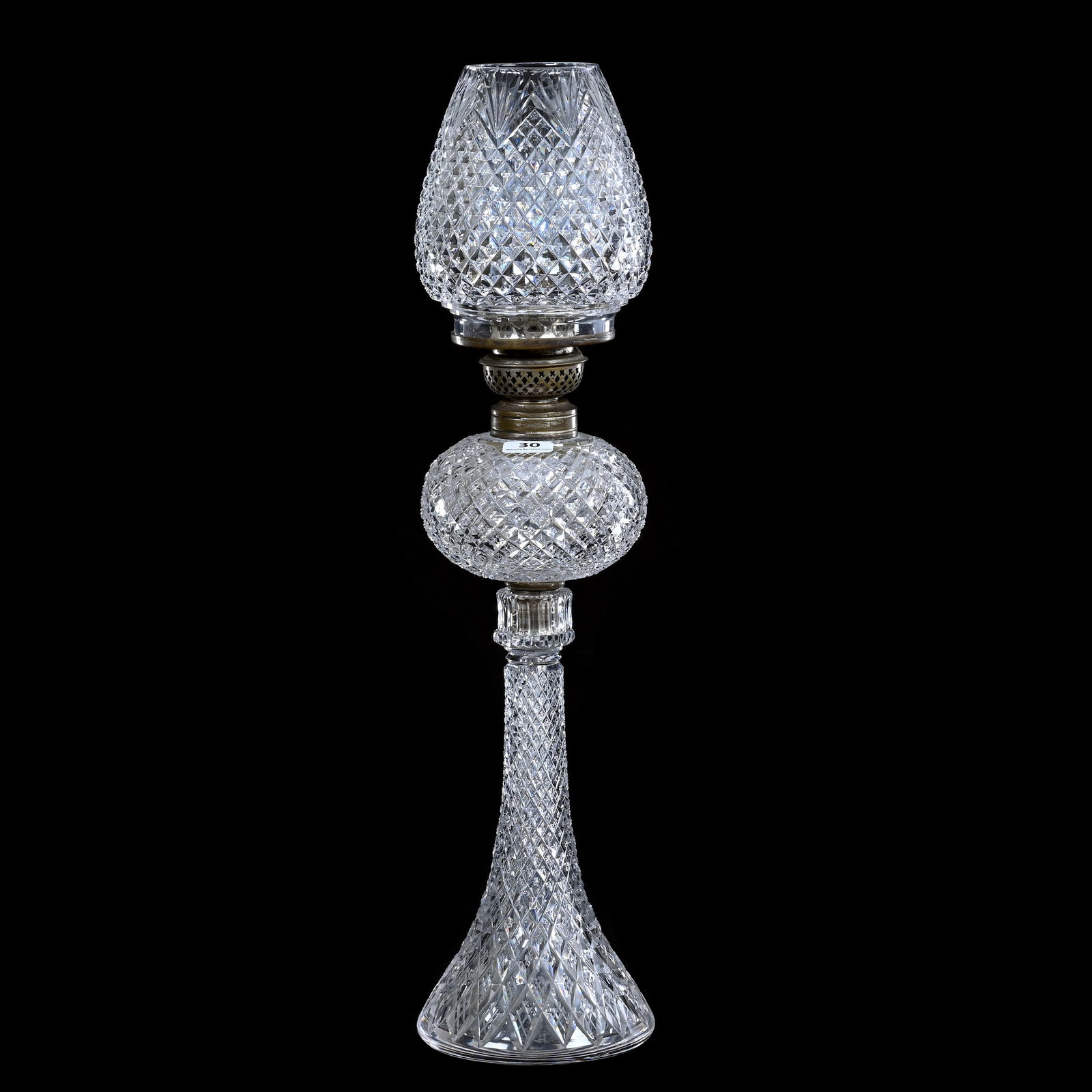 Boudoir Oil Lamp, American Brilliant Cut Glass, Strawberry Diamond And Fan Pattern: Boudoir Oil Lamp, American Brilliant Cut Glass, Strawberry Diamond And Fan Pattern, 17.5 x 4.5 x 4.5 Inches, Original Metal Fitting Marked T & A Victor Manufacturing, Lamp Consists Of Four Separate Cu