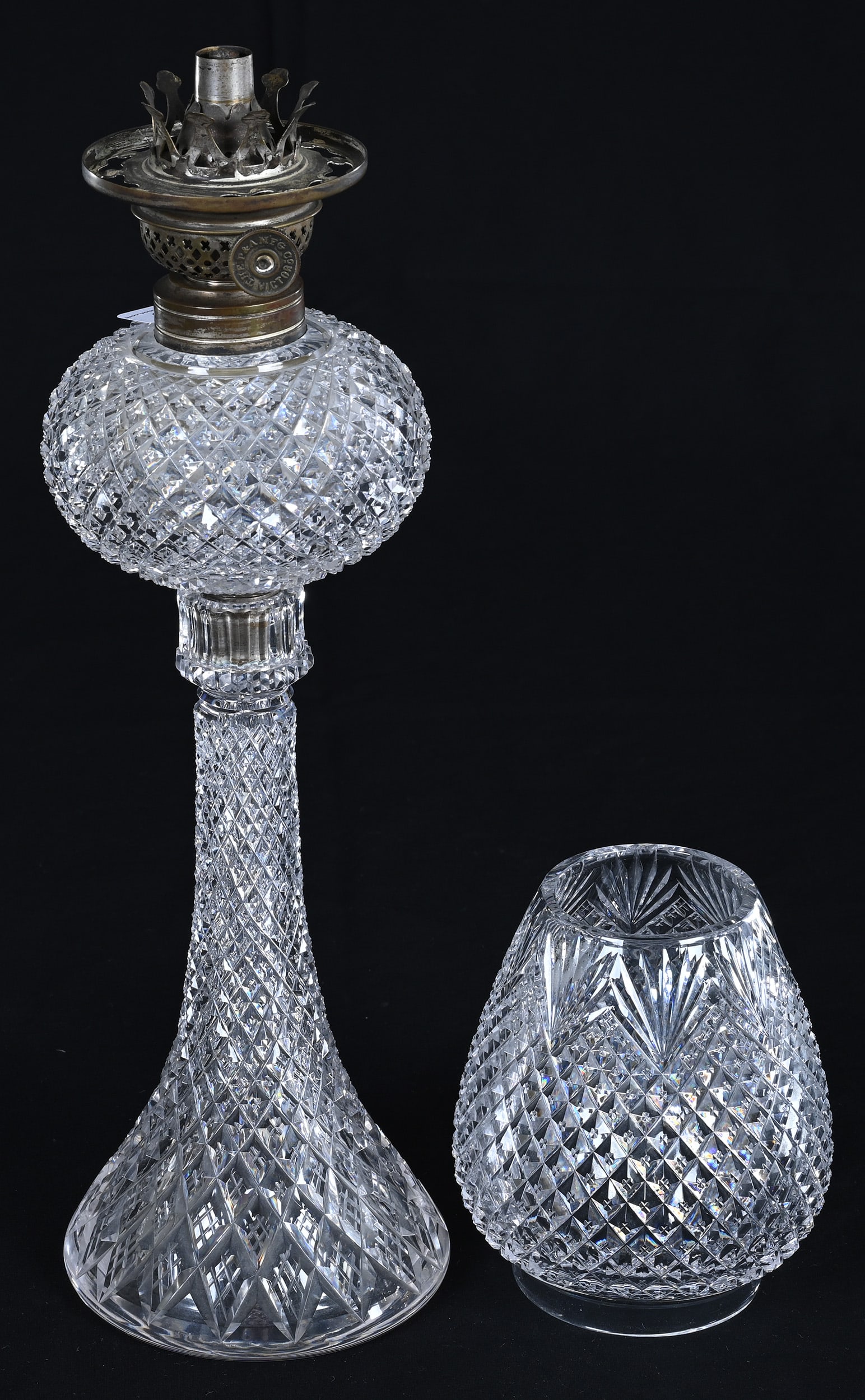Boudoir Oil Lamp, American Brilliant Cut Glass, Strawberry Diamond And Fan Pattern - 2