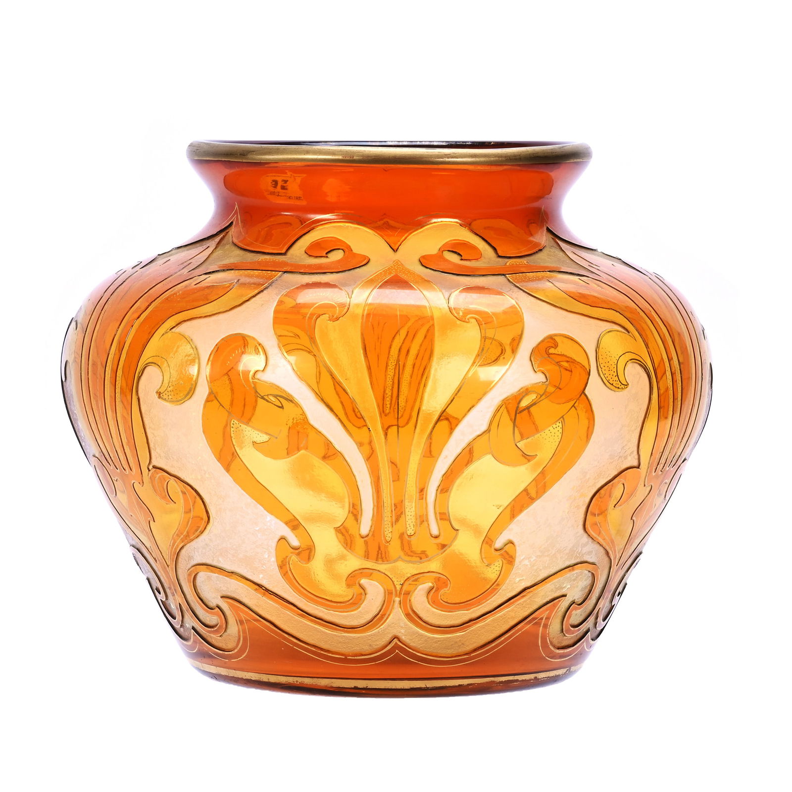 Vase Signed Honesdale By Dorflinger, Apricot Cut To Yellow Acid Cameo Cut To Clear: Vase Signed Honesdale By Dorflinger, Apricot Cut To Yellow Acid Cameo Cut To Clear, 7.25 x 8.75 x 8.75 Inches, Fleur De Lys Pattern, Gold Stencil Highlights, 7 Pounds, Private Collection.