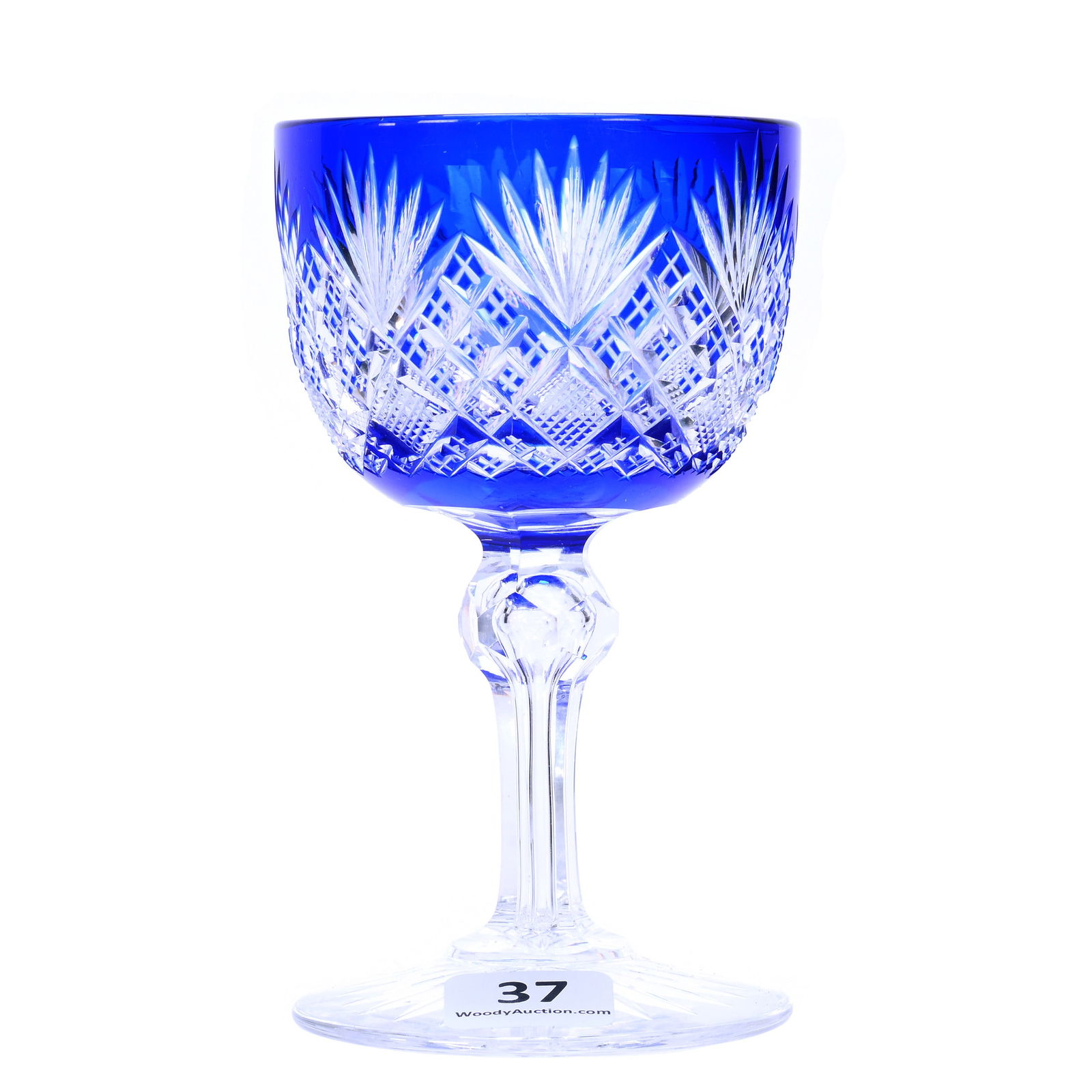 Wine Stem, American Brilliant Cut Glass, Cobalt Blue Cut To Clear Pattern #28 By Dorflinger: Wine Stem, American Brilliant Cut Glass, Cobalt Blue Cut To Clear Pattern #28 By Dorflinger, 4.75 x 2.75 x 2.75 Inches, Ray Cut Foot, 1 Pounds, Private Collection.
