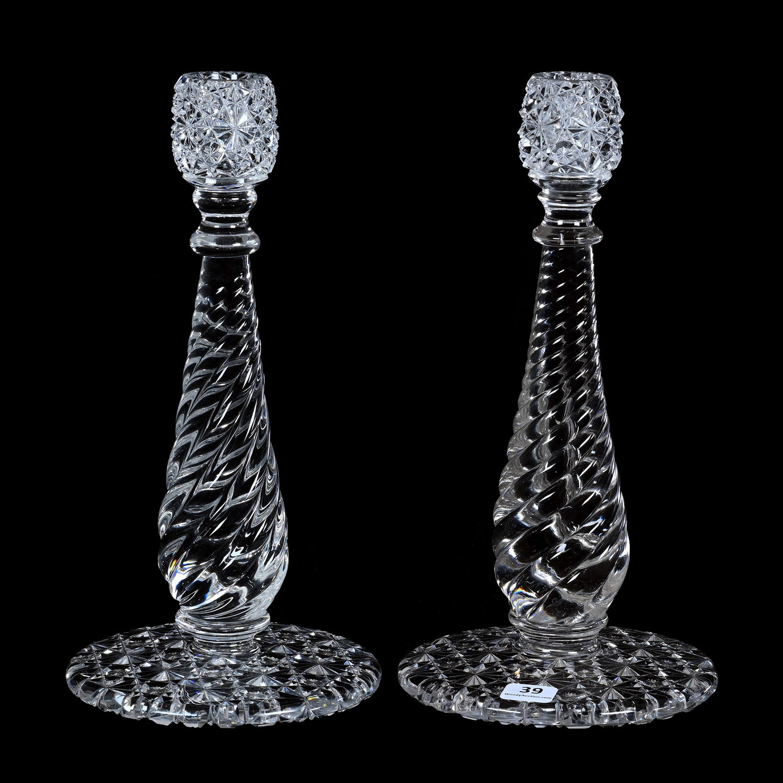 Pair Candlestick Holders, American Brilliant Cut Glass, Russian And Swirl Pattern: Pair Candlestick Holders, American Brilliant Cut Glass, Russian And Swirl Pattern , 10.5 x 5.5 x 5.5 Inches, Fully Cut Foot, Exceptional Spiral Cut Stem, Fantastic Pair, 6 Pounds, Tennessee Private Co