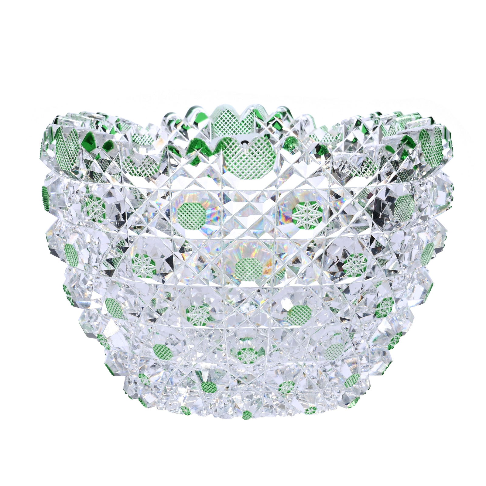Bowl, American Brilliant Cut Glass, One Of A Kind Green Cut To Clear, Cut By Giometti Brothers: Bowl, American Brilliant Cut Glass, One Of A Kind Green Cut To Clear, Cut By Giometti Brothers, 4.25 x 6.25 x 6.25 Inches, This Bowl Is A Family Heirloom Passed Down Through The Giometti Family, This