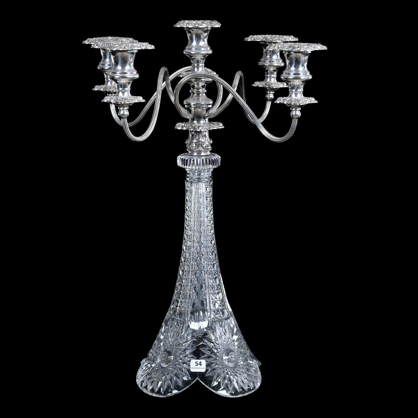 Candelabra, Five Arm, American Brilliant Cut Glass, Gloria Pattern By Dorflinger: Candelabra, Five Arm, American Brilliant Cut Glass, Gloria Pattern By Dorflinger, Unmarked Silver Plate, 21.5 x 12.5 x 12.5 Inches, Exactly As Featured In Dorflinger Book By Feller, Page 270, Does Not