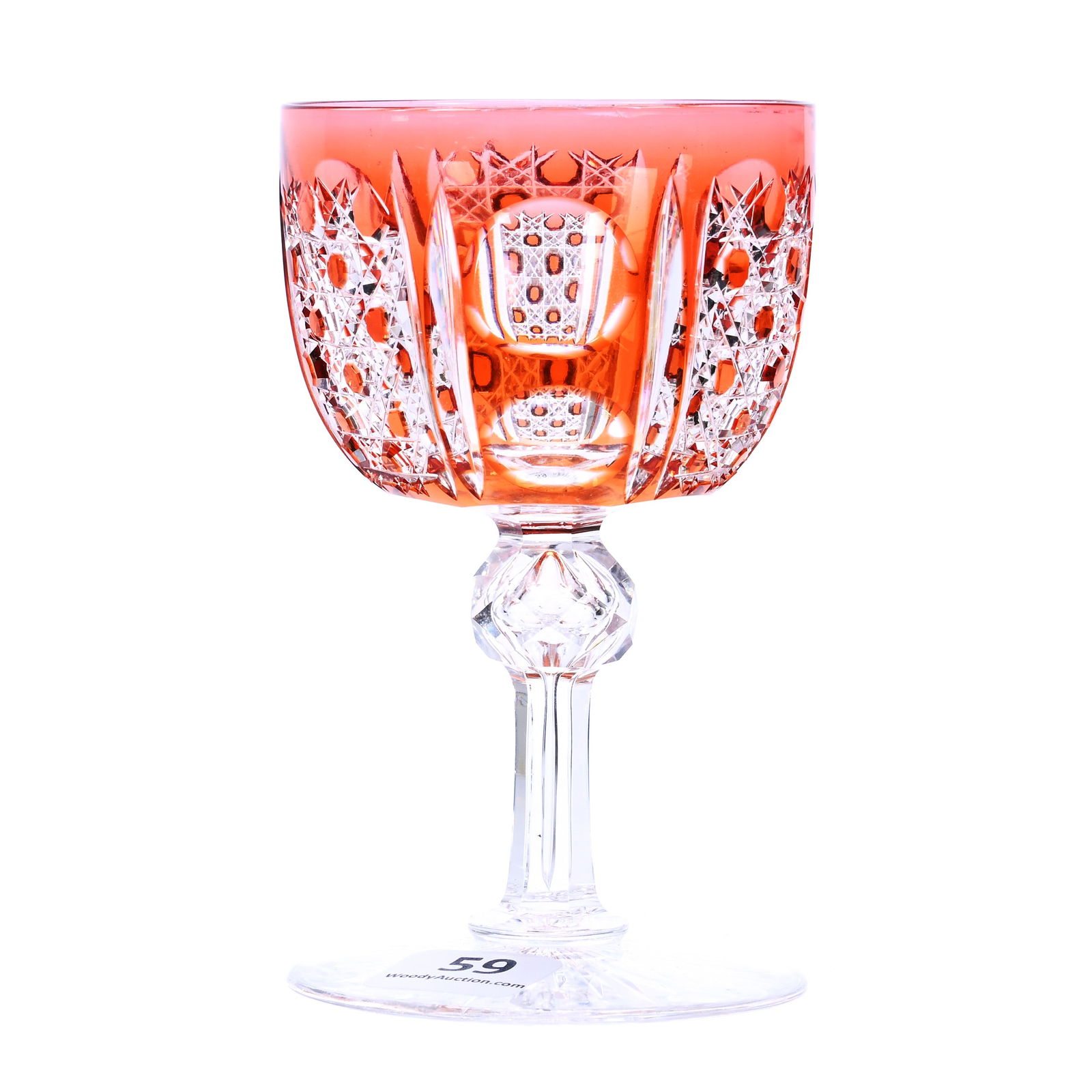 Wine Stem, American Brilliant Cut Glass, Tangerine Cut To Clear Montrose Pattern By Dorflinger: Wine Stem, American Brilliant Cut Glass, Tangerine Cut To Clear Montrose Pattern By Dorflinger, 4.5 x 2.75 x 2.75 Inches, Ray Cut Foot, 1 Pounds, Private Collection.