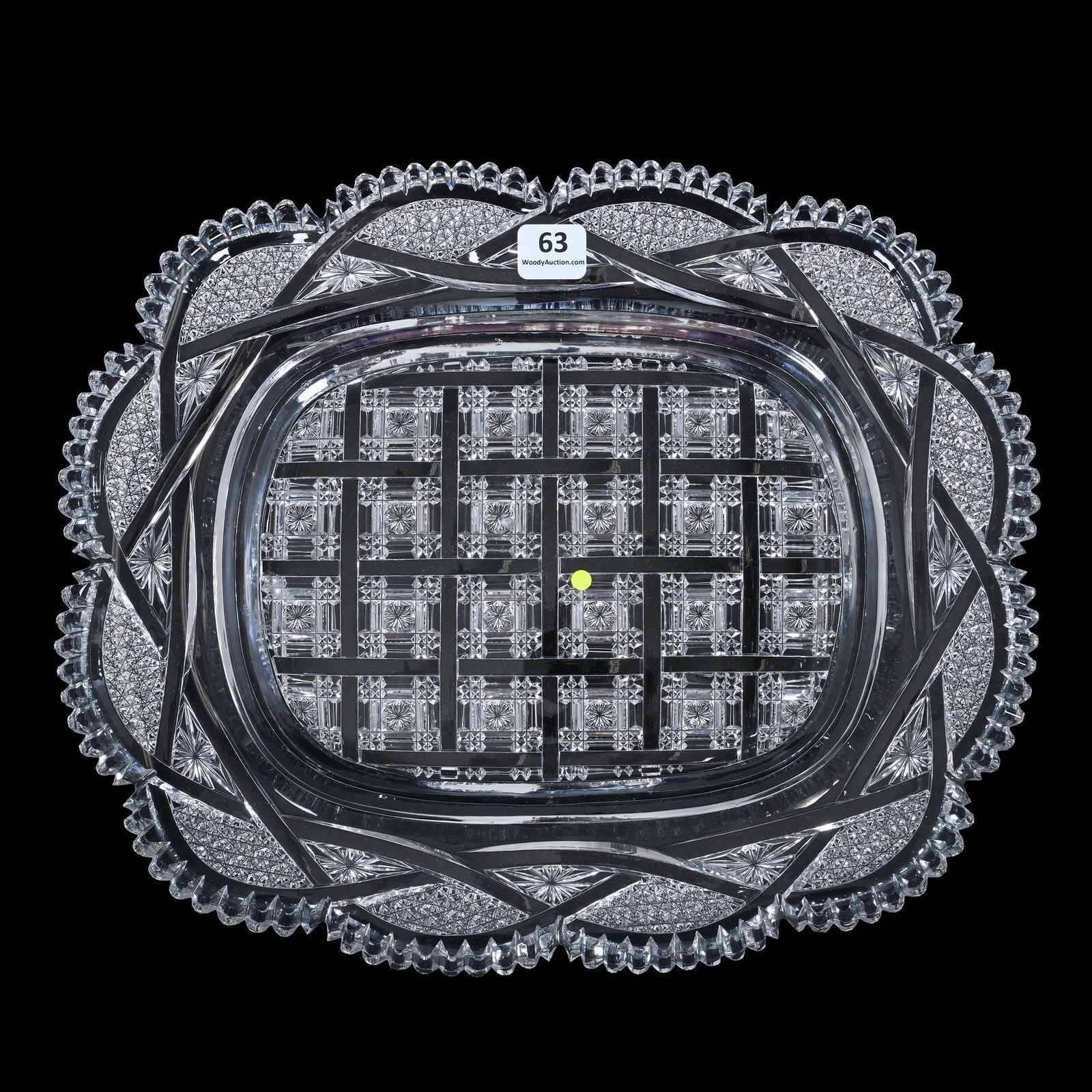 Oval Tray, American Brilliant Cut Glass, Signed Hawkes Albany Pattern: Oval Tray, American Brilliant Cut Glass, Signed Hawkes Albany Pattern, 1.5 x 10.25 x 12.25 Inches, Interwoven Ribbon Border With Kohinoor And Star Highlights, Very Deep Channel Cuts, Exceptional Blank