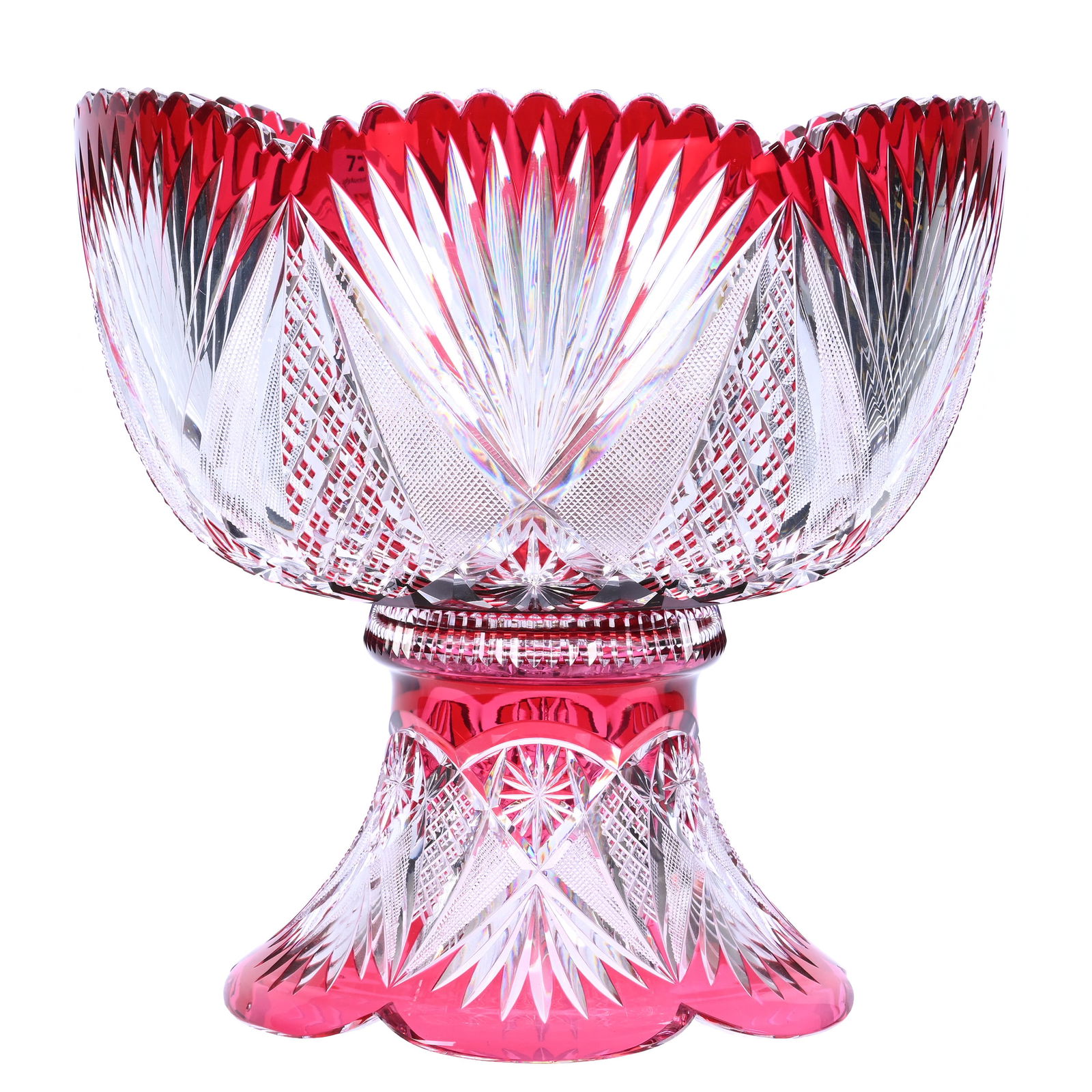 Punch Bowl, Two Part, Brilliant Period Cut Glass, Red Cut To Clear: Punch Bowl, Two Part, Brilliant Period Cut Glass, Red Cut To Clear, 13.75 x 14 x 14 Inches, Pattern #3166/17 By Val St. Lambert, Circa 1908, 24 Pounds, Dr. Paul Mancia Collection, Florida.