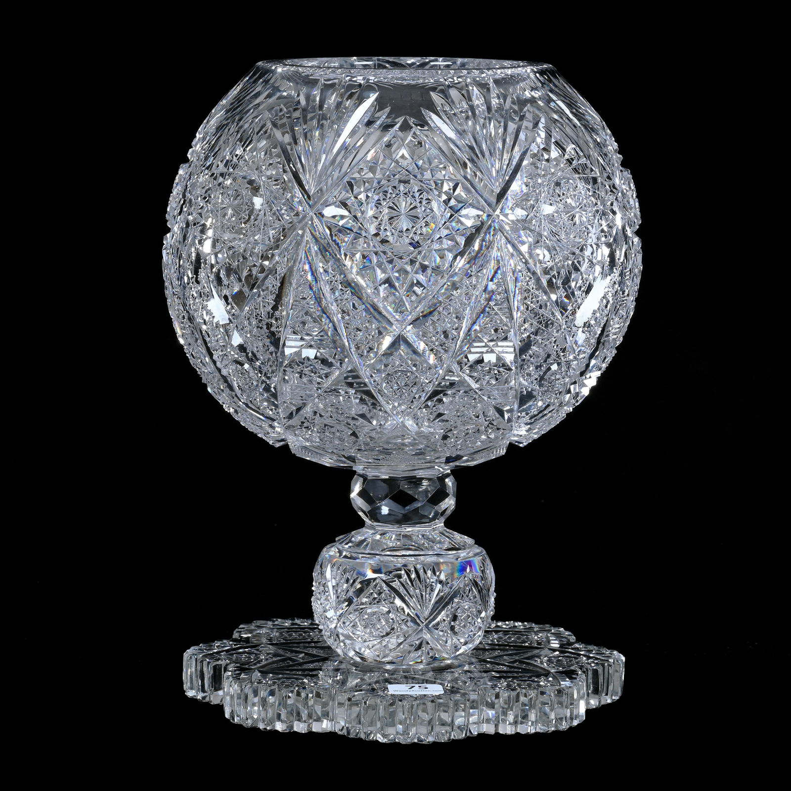 Pedestal Rose Globe, Two Piece, American Brilliant Cut Glass, Kensington Pattern By Hawkes: Pedestal Rose Globe, Two Piece, American Brilliant Cut Glass, Kensington Pattern By Hawkes, 10.75 x 8 x 8 Inches, Massive Size, Exceptional Cutting, Huge Pattern Cut Knob Stem, Scalloped Pattern Cut F