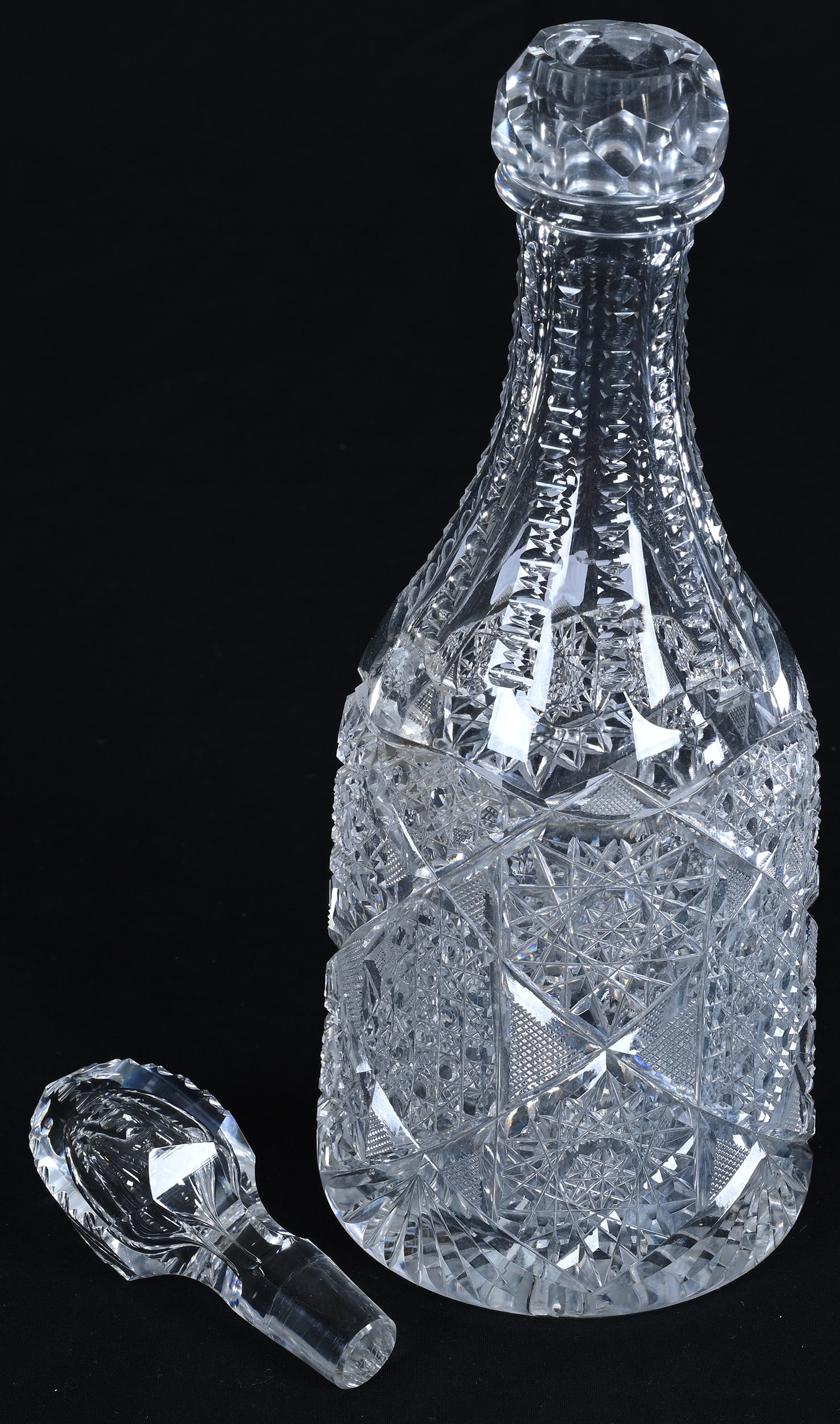 Decanter, American Brilliant Cut Glass, Hobstar, Crosscut Diamond, Cane, And Fan Motif - 2