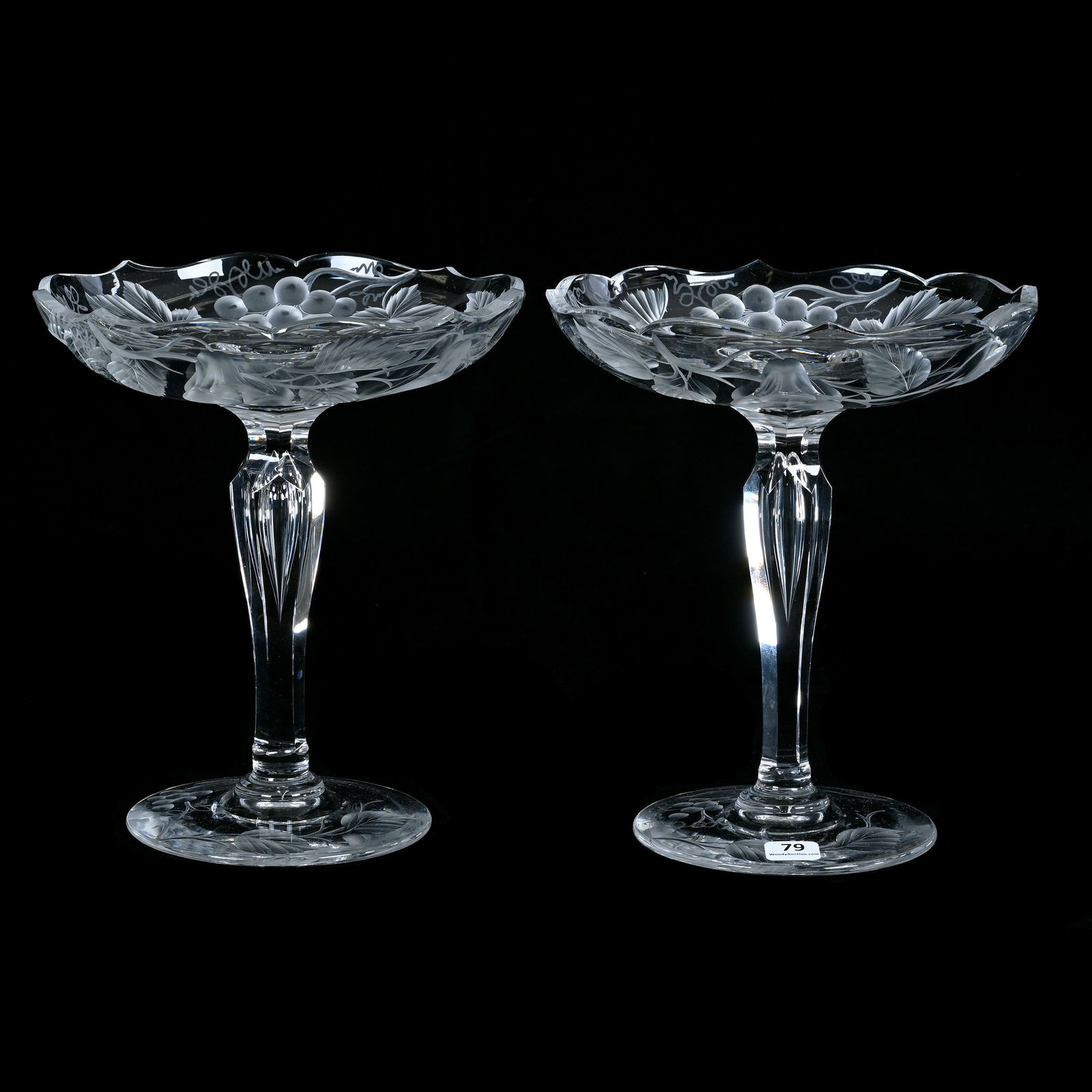 Pair Compotes, ABCG, Signed Tuthill, Engraved Two Fruits Featuring Pears And Grapes (1 of 3)