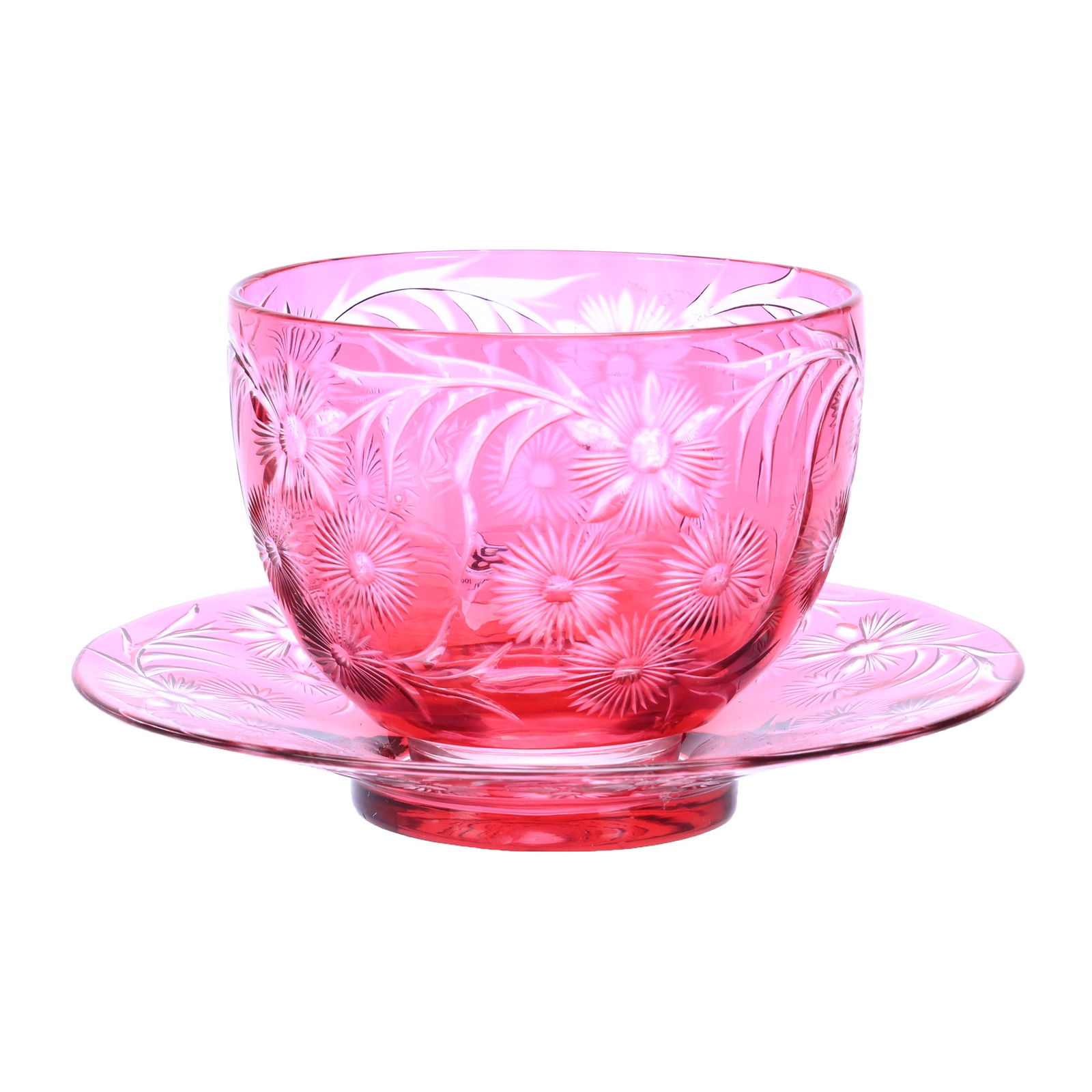 Ramekin & Underplate, BPCG, Cranberry Cut To Clear Attributed To Stevens & Williams: Ramekin & Underplate, Brilliant Period Cut Glass, Cranberry Cut To Clear Attributed To Stevens & Williams, 2.25 x 4 x 4 Inches, Engraved Floral Design - Nice Color, 1 Pounds, Judy Ratcliffe Collection
