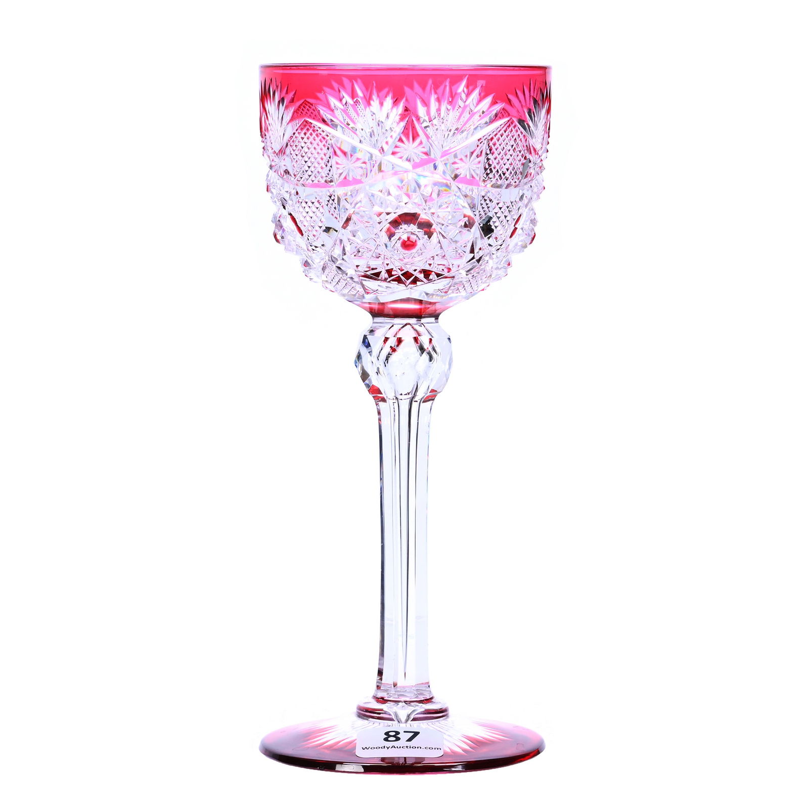 Wine Stem, American Brilliant Cut Glass, Cranberry Cut To Clear Electra Pattern By Straus: Wine Stem, American Brilliant Cut Glass, Cranberry Cut To Clear Electra Pattern By Straus, 7 x 3 x 3 Inches, Color Ray Cut Foot, 1 Pounds, Tennessee Private Collection.
