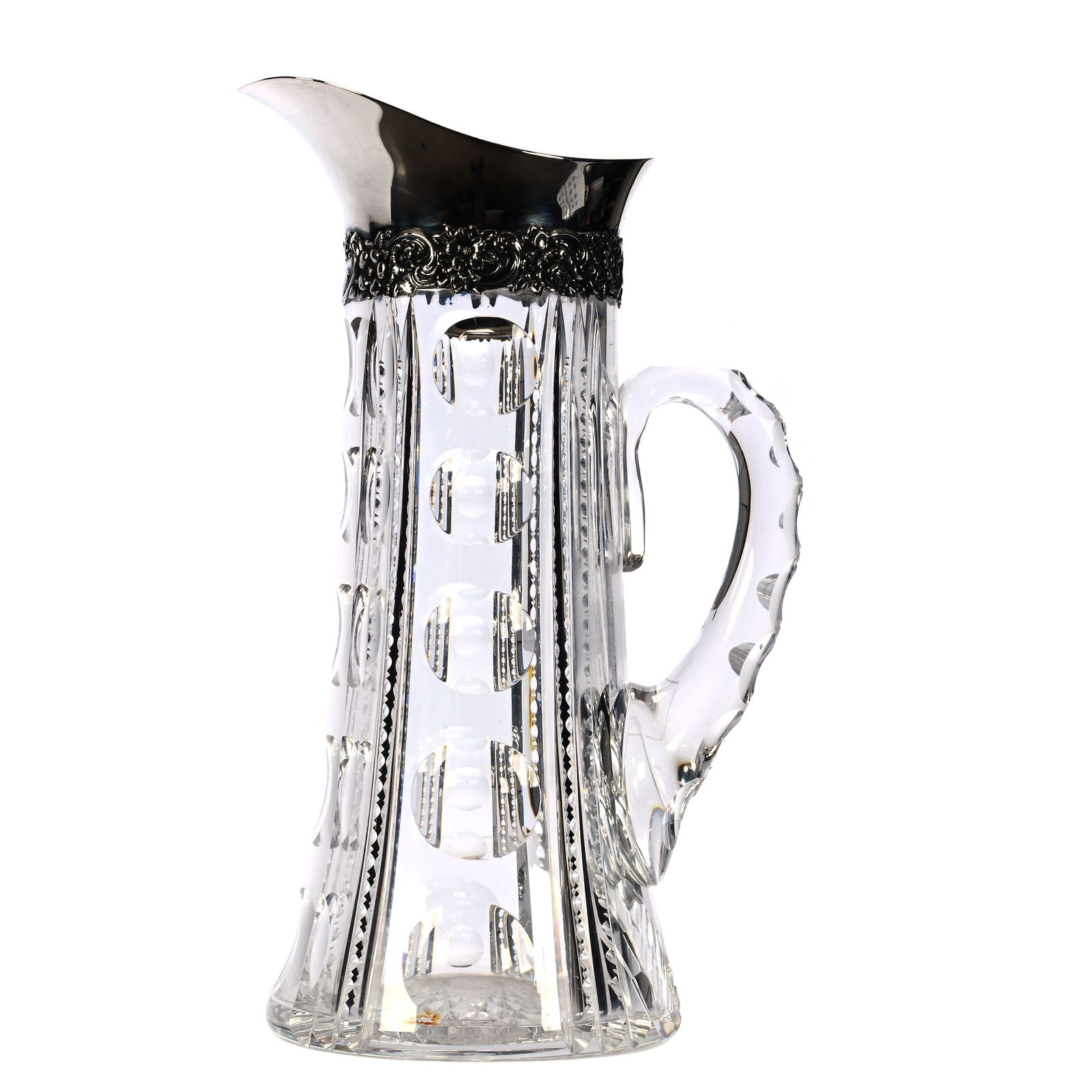 Tankard, ABCG, Boston Pattern By Mt. Washington, Sterling Spout Marked Tiffany: Tankard, American Brilliant Cut Glass, Boston Pattern By Mt. Washington, Sterling Spout Marked Tiffany, 10.75 x 6 x 4.75 Inches, Hobstar Base, 4 Pounds, Private Collection.