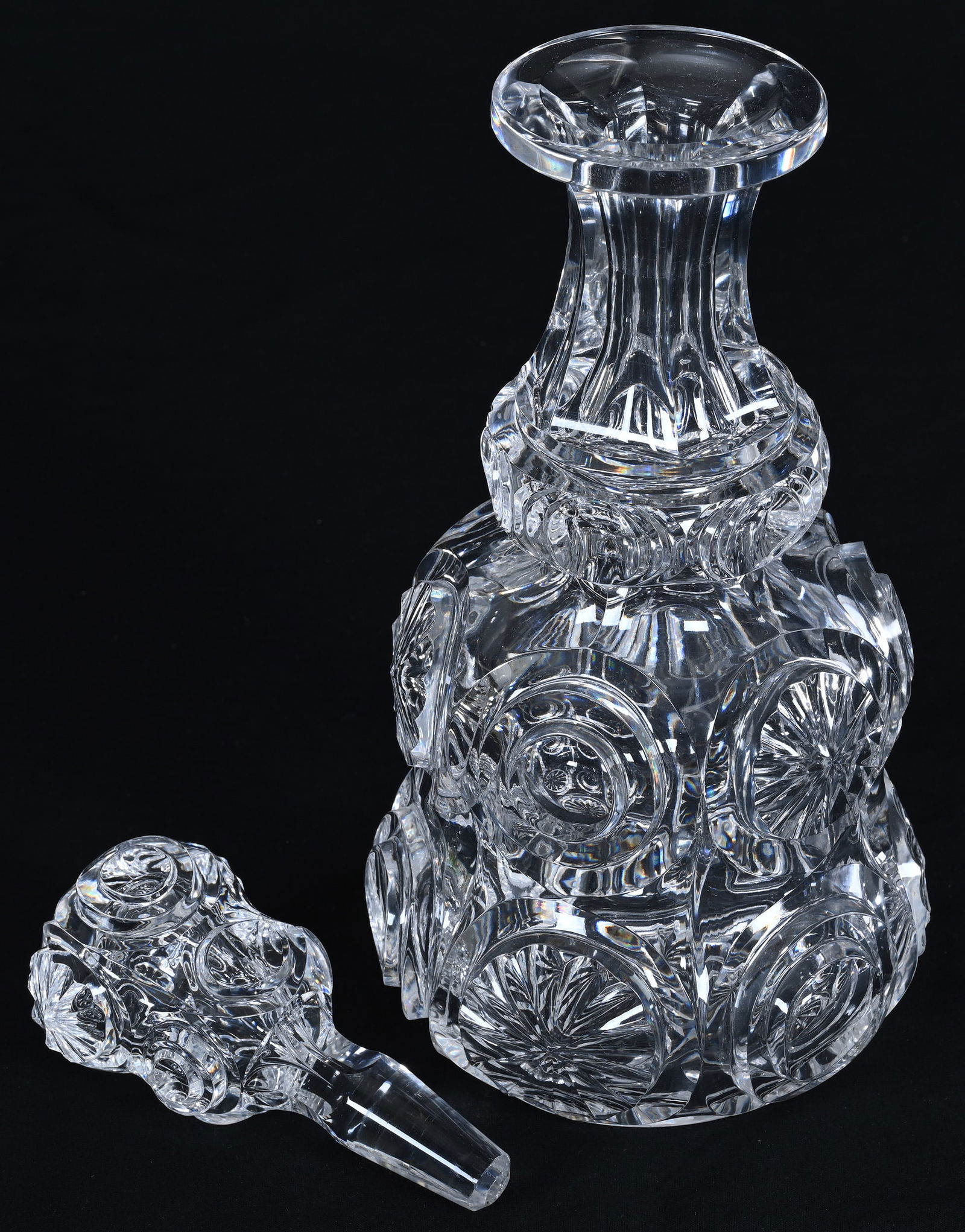 Decanter, American Brilliant Cut Glass, Step Cut Medallions Alternating W/ Petal Medallions - Heavy - 2