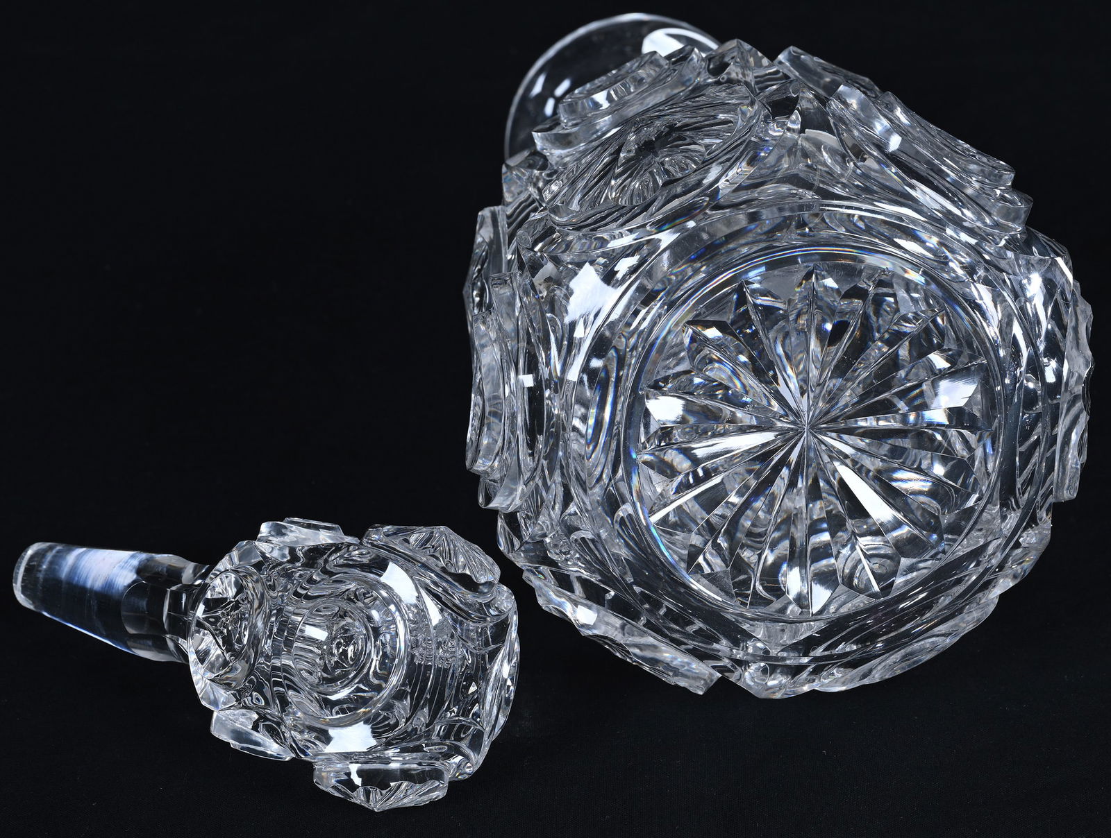 Decanter, American Brilliant Cut Glass, Step Cut Medallions Alternating W/ Petal Medallions - Heavy - 3