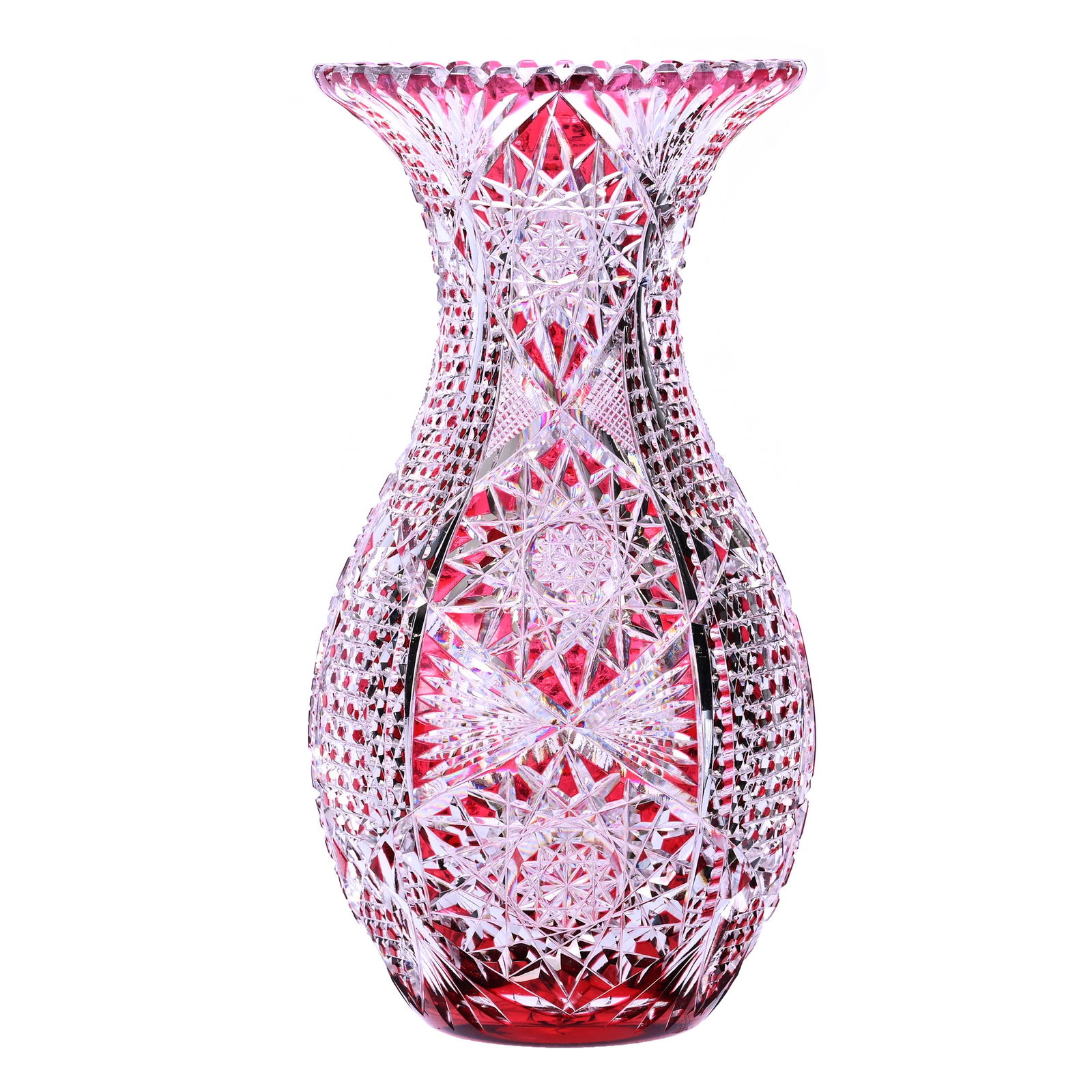 Vase, Bowling Pin Shape, American Brilliant Cut Glass, Red Cut To Clear: Vase, Bowling Pin Shape, American Brilliant Cut Glass, Red Cut To Clear, 10 x 5.25 x 5.25 Inches, Three Alternating Panels Featuring Hobstar, Nailhead Diamond, Prism And Fan Motif, Ray Cut Base, Excel