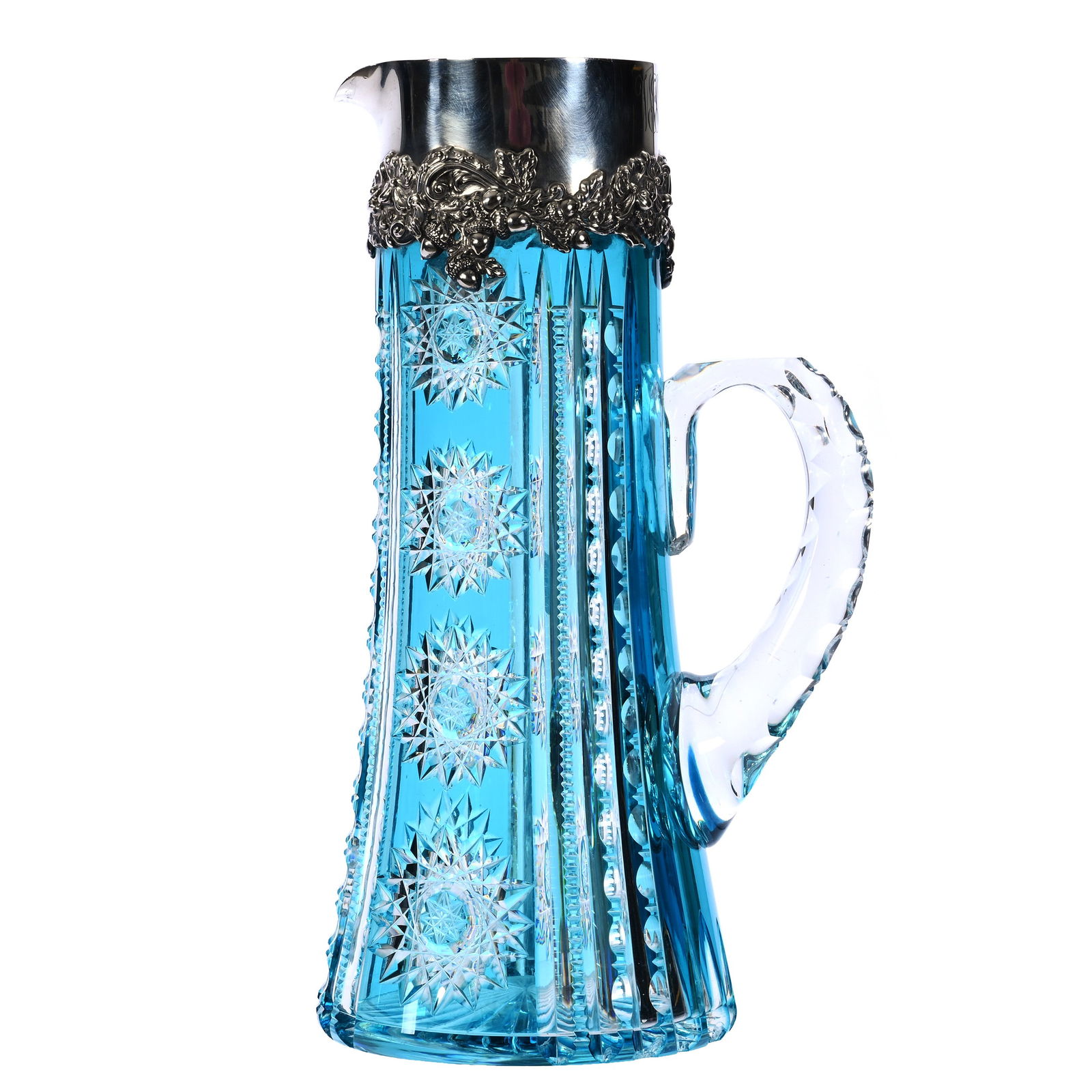 Tankard With Sterling Collar, ABCG, Turquoise Cut To Clear, Alternating Panels Of Hobstar And Prism: Tankard With Sterling Collar, American Brilliant Cut Glass, Turquoise Cut To Clear, Alternating Panels Of Hobstar And Prism, 11 x 6.25 x 4.75 Inches, Elaborate Embossed Acorn Sterling Silver Spout Mar
