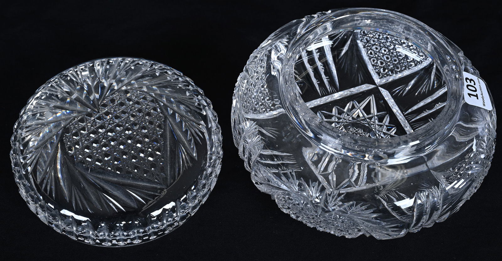 Powder Box, American Brilliant Cut Glass, Heart Pattern With Nailhead Diamond Center - 2