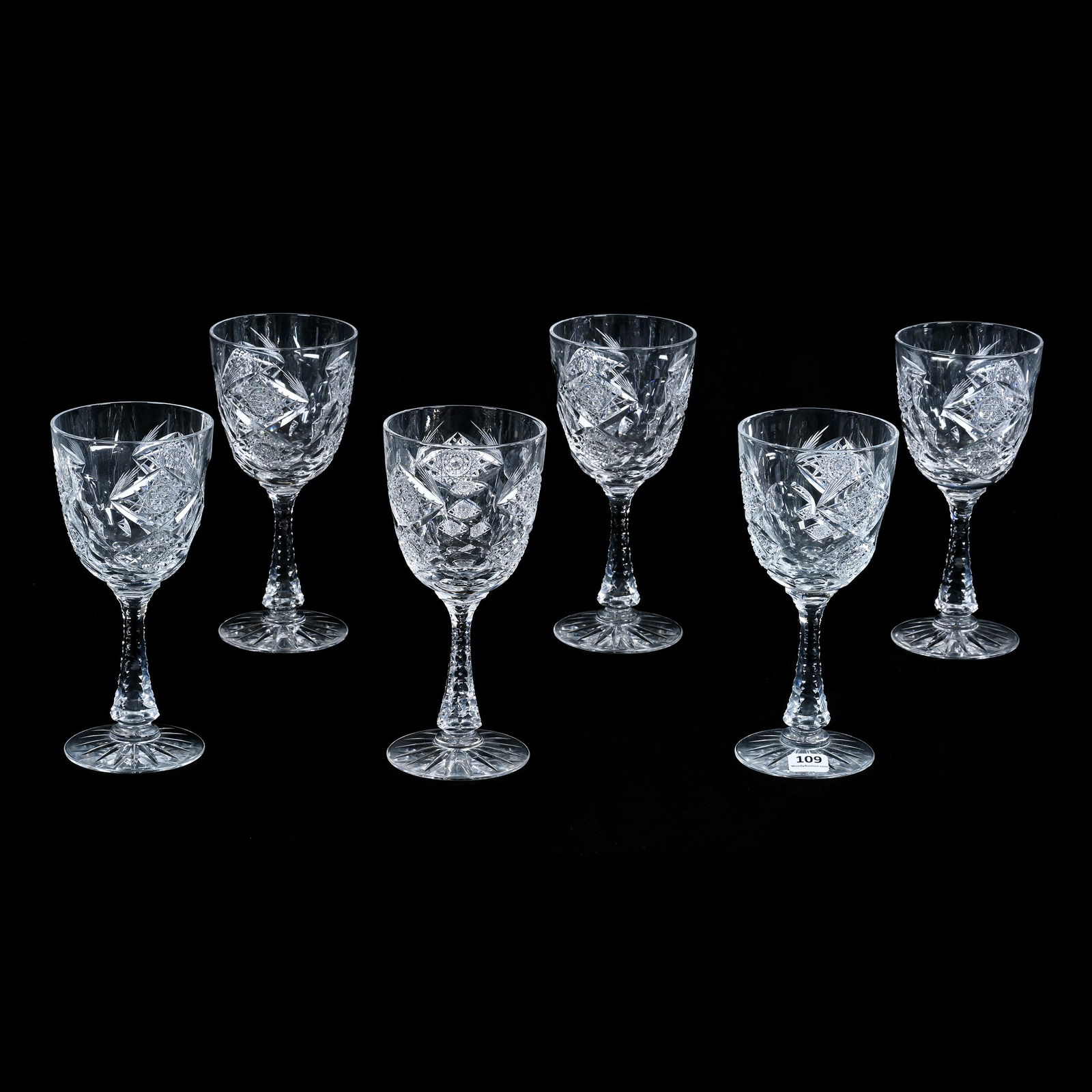 (6) Goblets, American Brilliant Cut Glass, Signed Hawkes Queens Pattern (1 of 3)