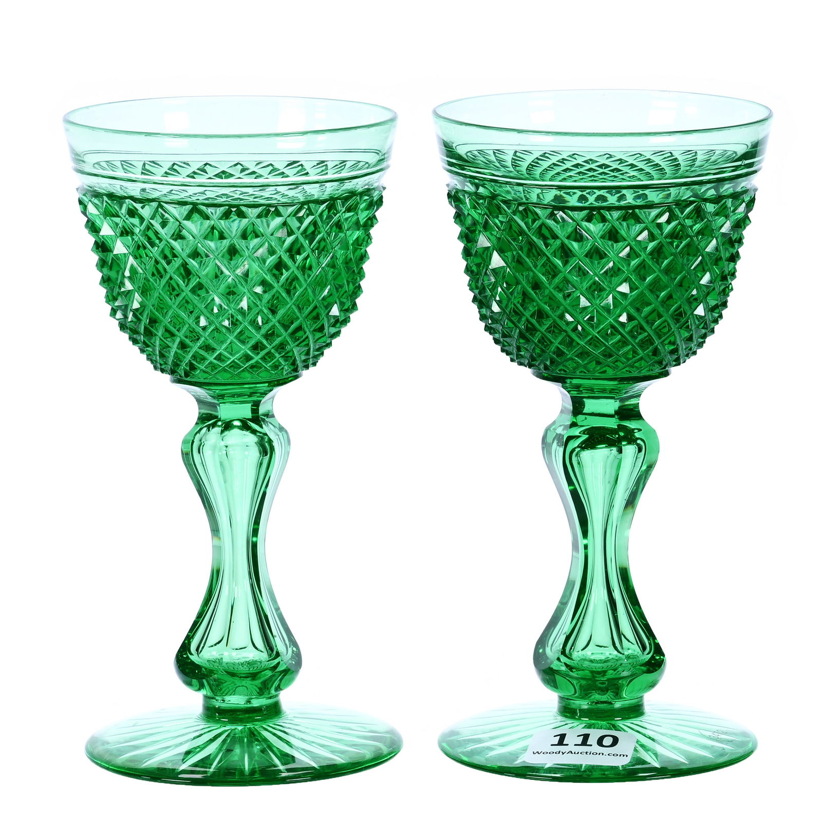 Pair Wine Stems, American Brilliant Cut Glass, Solid Apple Green Diamond Point Pattern (1 of 3)