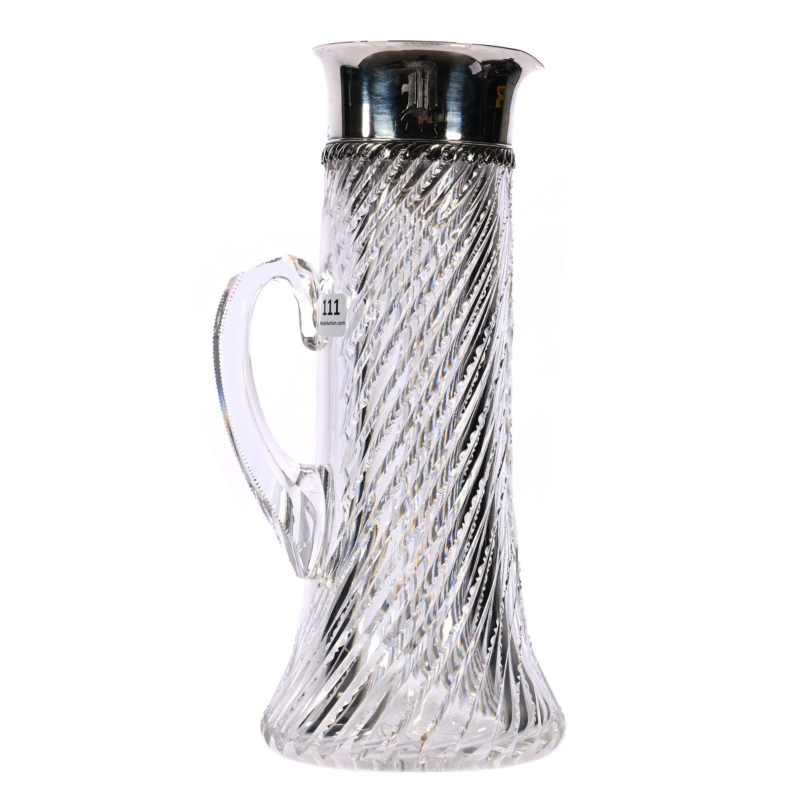 Tankard, ABCG, Swirled Prism Pattern, Sterling Silver Collar Marked Tiffany & Company: Tankard, American Brilliant Cut Glass, Swirled Prism Pattern, Sterling Silver Collar Marked Tiffany & Company, 11.5 x 5.5 x 4.75 Inches, Monogram "D", Clear Applied Handle With Notched Highlights, Ray