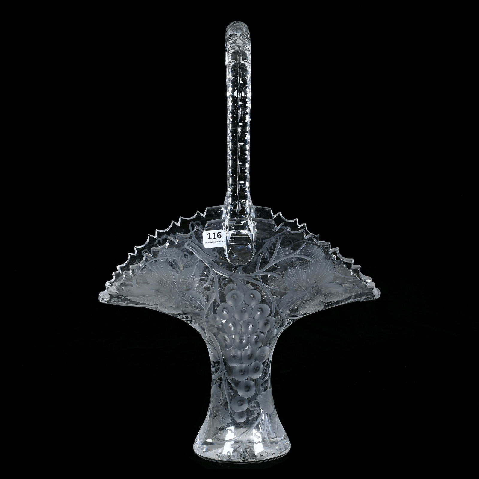 Basket, American Brilliant Cut Glass, Finely Engraved Vintage Pattern Attributed To Tuthill: Basket, American Brilliant Cut Glass, Finely Engraved Vintage Pattern Attributed To Tuthill, 18 x 11.25 x 6.5 Inches, Double Notched Handle, Ray Cut Base, Tooth Chips, 8 Pounds, Dr. Paul Mancia Collec