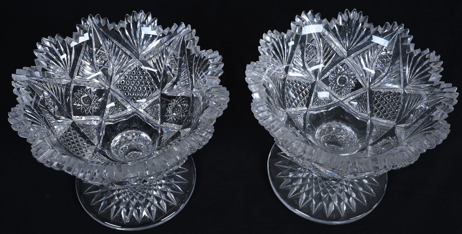 Pair Tazza Compotes, ABCG, Hobstar, Vesica, Nailhead Diamond, Crosscutting, Feather And Fan Motif - 2