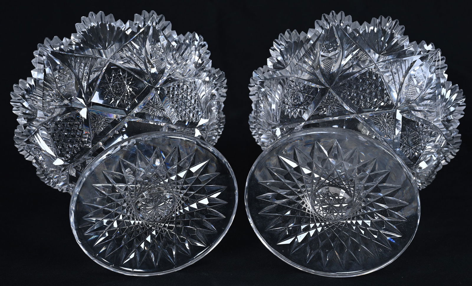 Pair Tazza Compotes, ABCG, Hobstar, Vesica, Nailhead Diamond, Crosscutting, Feather And Fan Motif - 3