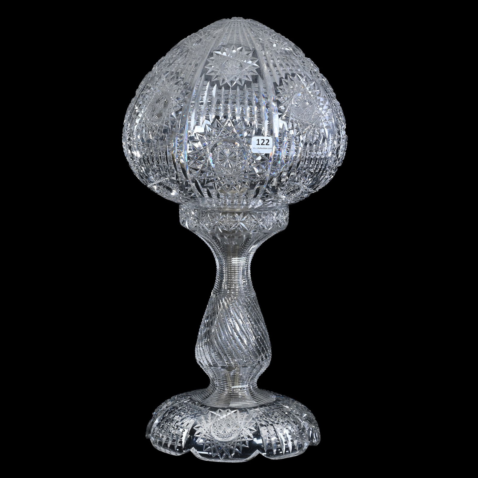 Table Lamp, Strawberry Dome, American Brilliant Cut Glass by Fry: Table Lamp, Strawberry Dome, American Brilliant Cut Glass by Fry, 18.75 x 10 x 10 Inches, Panels Of Hobstar And Prism Motif, Spiral Prism Cut Stem, Electrified, Single Light, 14 Pounds, Pennsylvania P