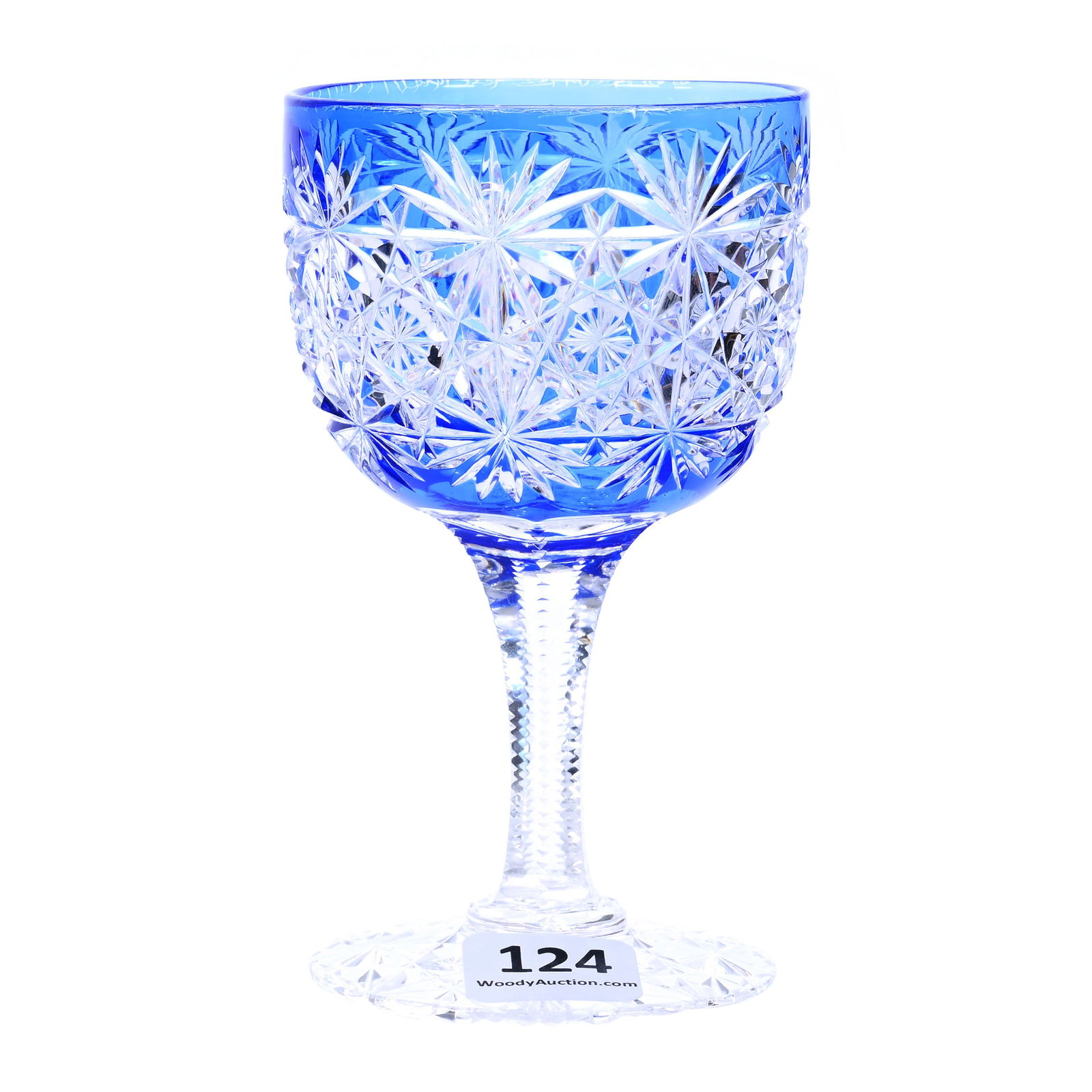 Wine Stem, ABCG, Cobalt Blue Cut To Clear, Russian Pattern Attributed To Hawkes: Wine Stem, American Brilliant Cut Glass, Cobalt Blue Cut To Clear, Russian Pattern Attributed To Hawkes, 4.5 x 2.625 x 2.625 Inches, Clear Pattern Cut Foot, 1 Pounds, Tennessee Private Collection.
