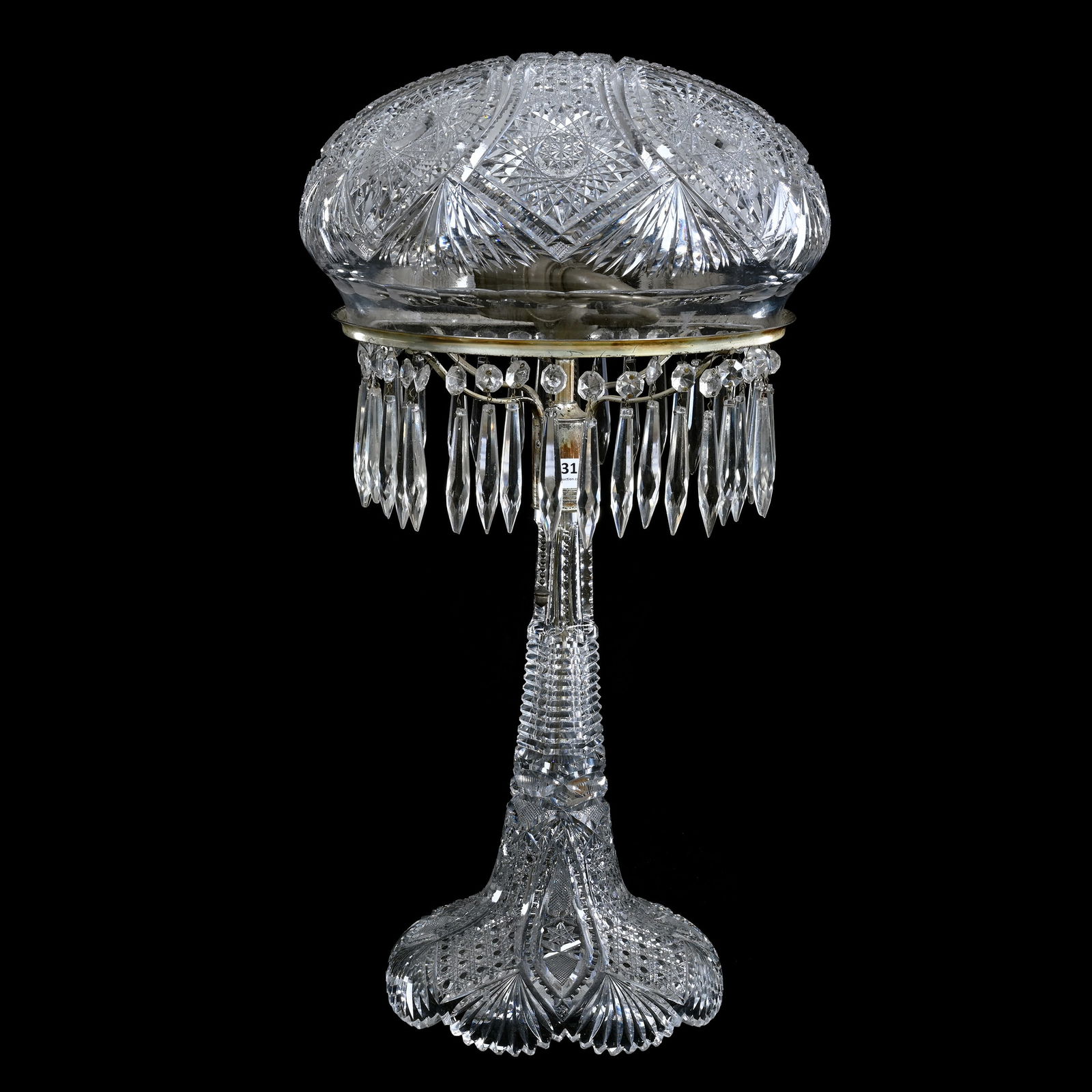 Table Lamp, Mushroom Shade, American Brilliant Cut Glass: Table Lamp, Mushroom Shade, American Brilliant Cut Glass, 22 x 12 x 12 Inches, Four Alternating Sections Of Hobstar, Vesica, Cane, Prism And Fan Motif, Pattern Matched Electrified Base, Two Light, Two