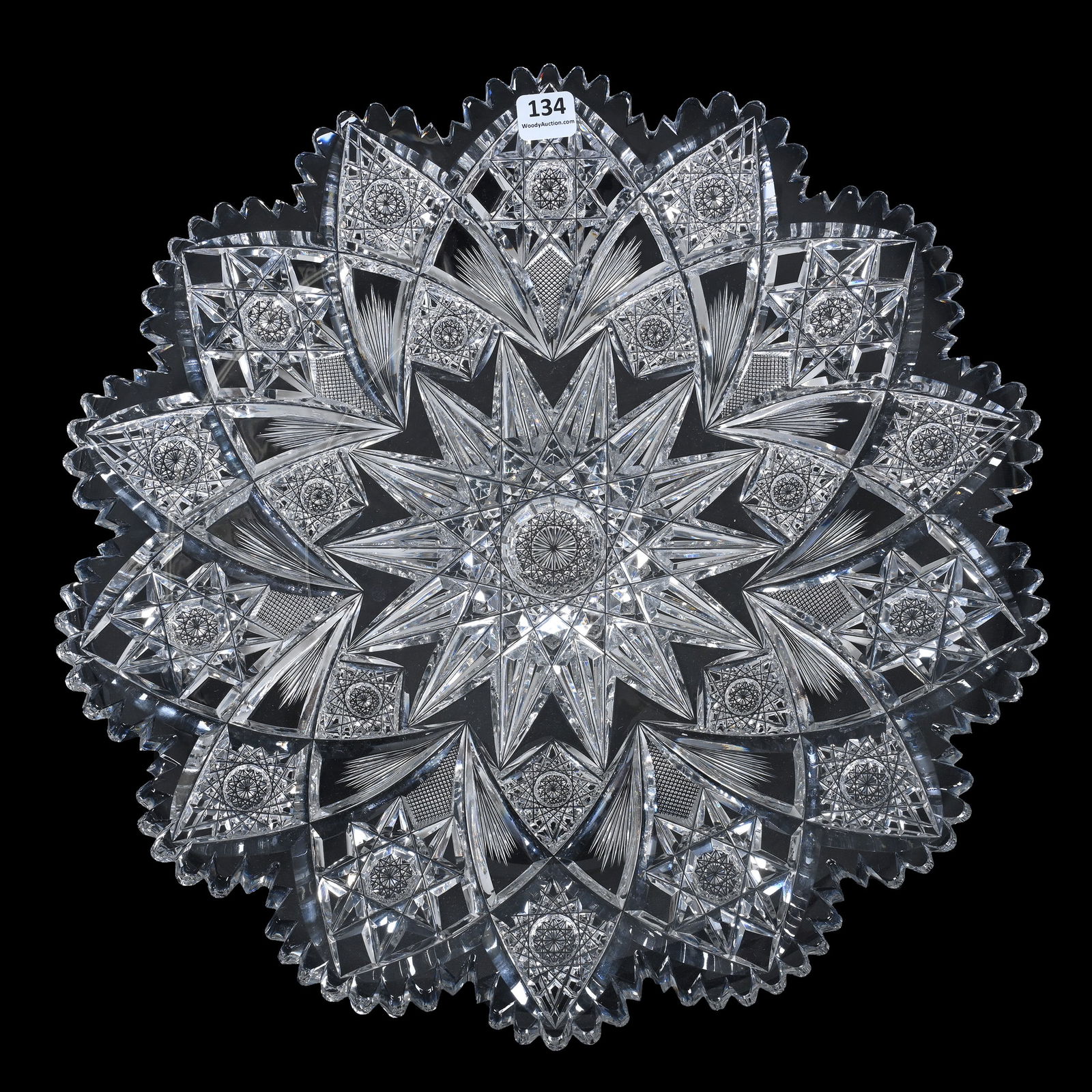 Round Tray, American Brilliant Cut Glass, Signed Hawkes Holland Pattern: Round Tray, American Brilliant Cut Glass, Signed Hawkes Holland Pattern, 1.75 x 14.5 x 14.5 Inches, Wonderful Blank, Faint Signature, 9 Pounds, Judy Ratcliffe Collection, Florida.