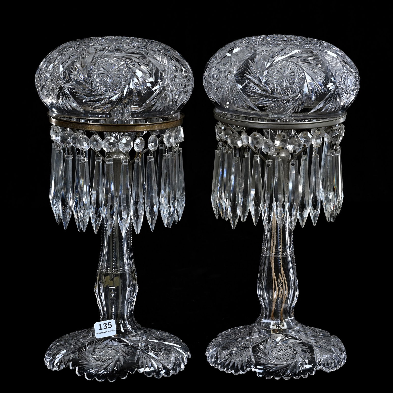 (2) Boudoir Lamps, ABCG, Hobstar, Pinwheel, Crosscutting, Star & Fan Motif: (2) Boudoir Lamps, American Brilliant Cut Glass, Hobstar, Pinwheel, Crosscutting, Star & Fan Motif, 13.25 x 6.25 x 6.25 Inches, Electrified, Single Light, Nice Pair, 9 Pounds, Pennsylvania Private Col