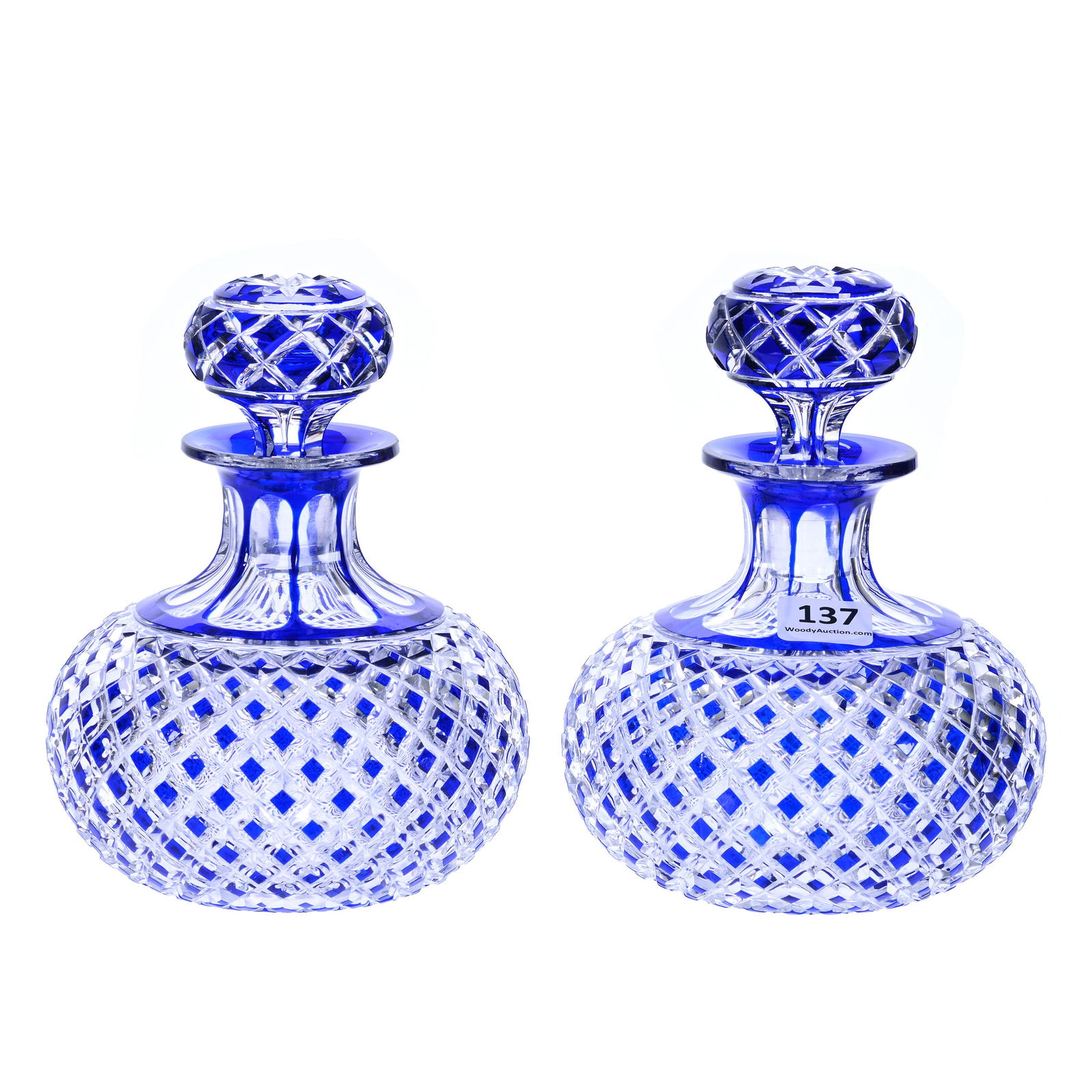 Pair Cologne Bottles, ABCG, Cobalt Blue Cut To Clear, Full Diamond Cut Body: Pair Cologne Bottles, American Brilliant Cut Glass, Cobalt Blue Cut To Clear, Full Diamond Cut Body, 6 x 4.5 x 4.5 Inches, Pattern Cut Stopper, Ray Cut Base, 4 Pounds, Dr. Paul Mancia Collection, Flor