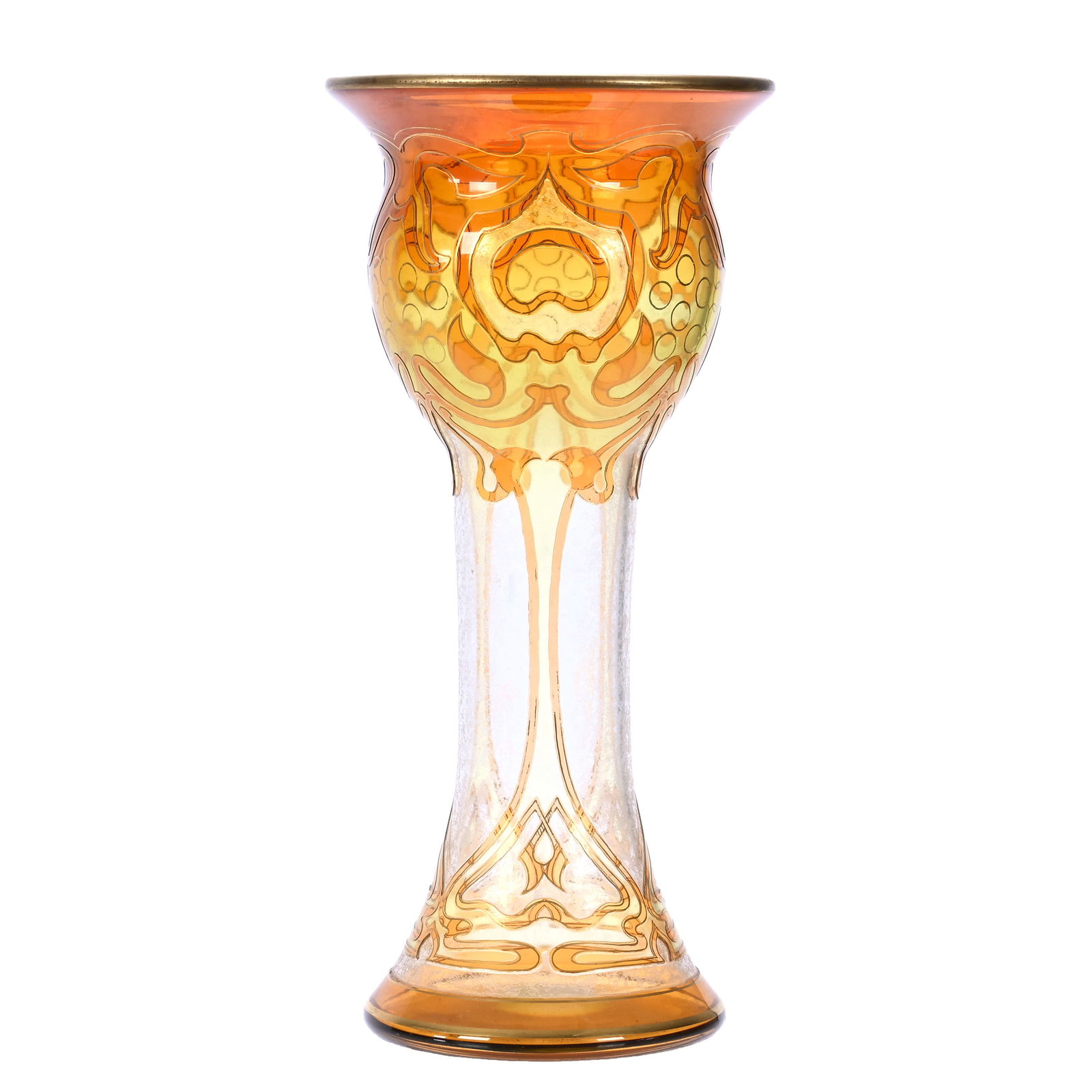 Vase Signed Honesdale By Dorflinger, Apricot Cut To Yellow Acid Cameo Cut To Clear: Vase Signed Honesdale By Dorflinger, Apricot Cut To Yellow Acid Cameo Cut To Clear, 14.5 x 6.75 x 6.75 Inches, Art Deco Design, Gold Stencil Highlights, 5 Pounds, Private Collection.